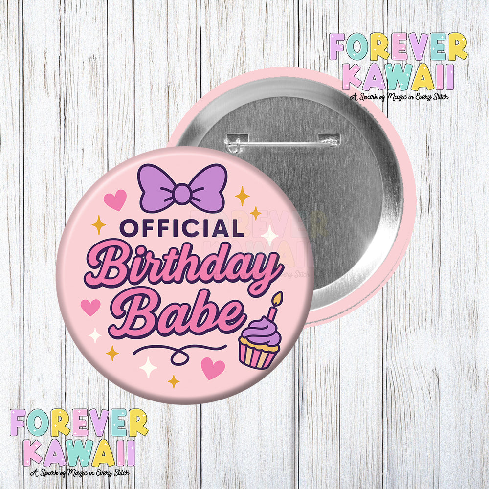 Official Birthday Babe Celebration Pinback Button - Purple Bow