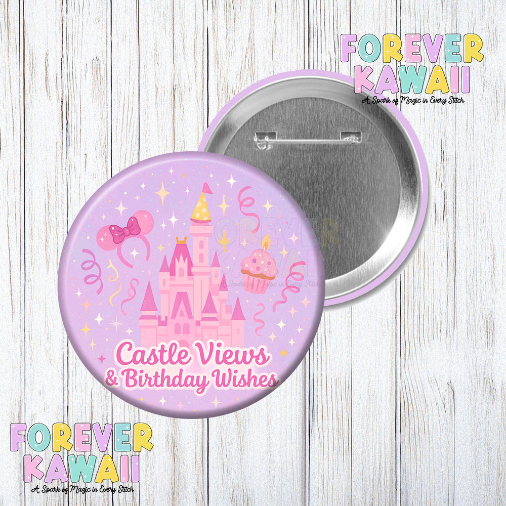 Castle Views and Birthday Wishes Celebration Pinback Button