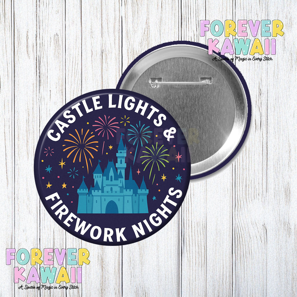 Castle Lights and Firework Nights Celebration Pinback Button - Choose Your Park