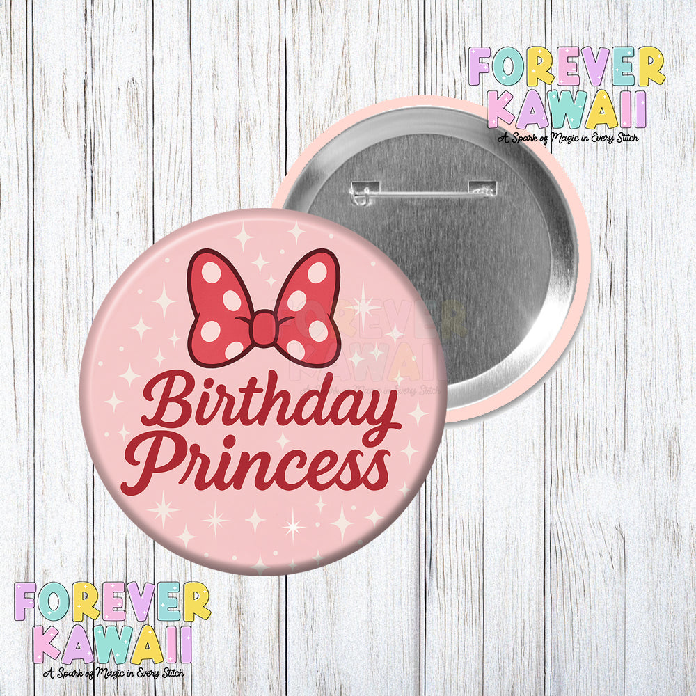 Birthday Princess - Red Polka Dot Bow - Celebration Pinback Button