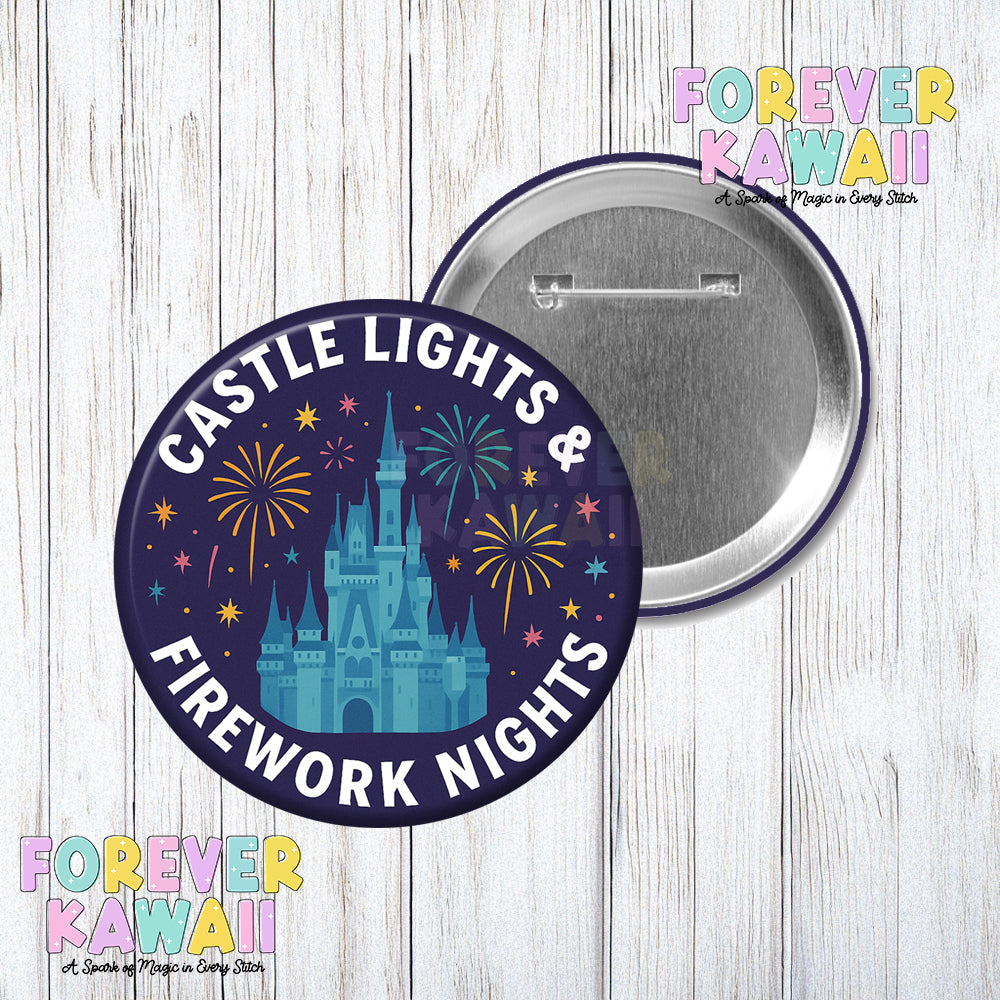 Castle Lights and Firework Nights Celebration Pinback Button - Choose Your Park