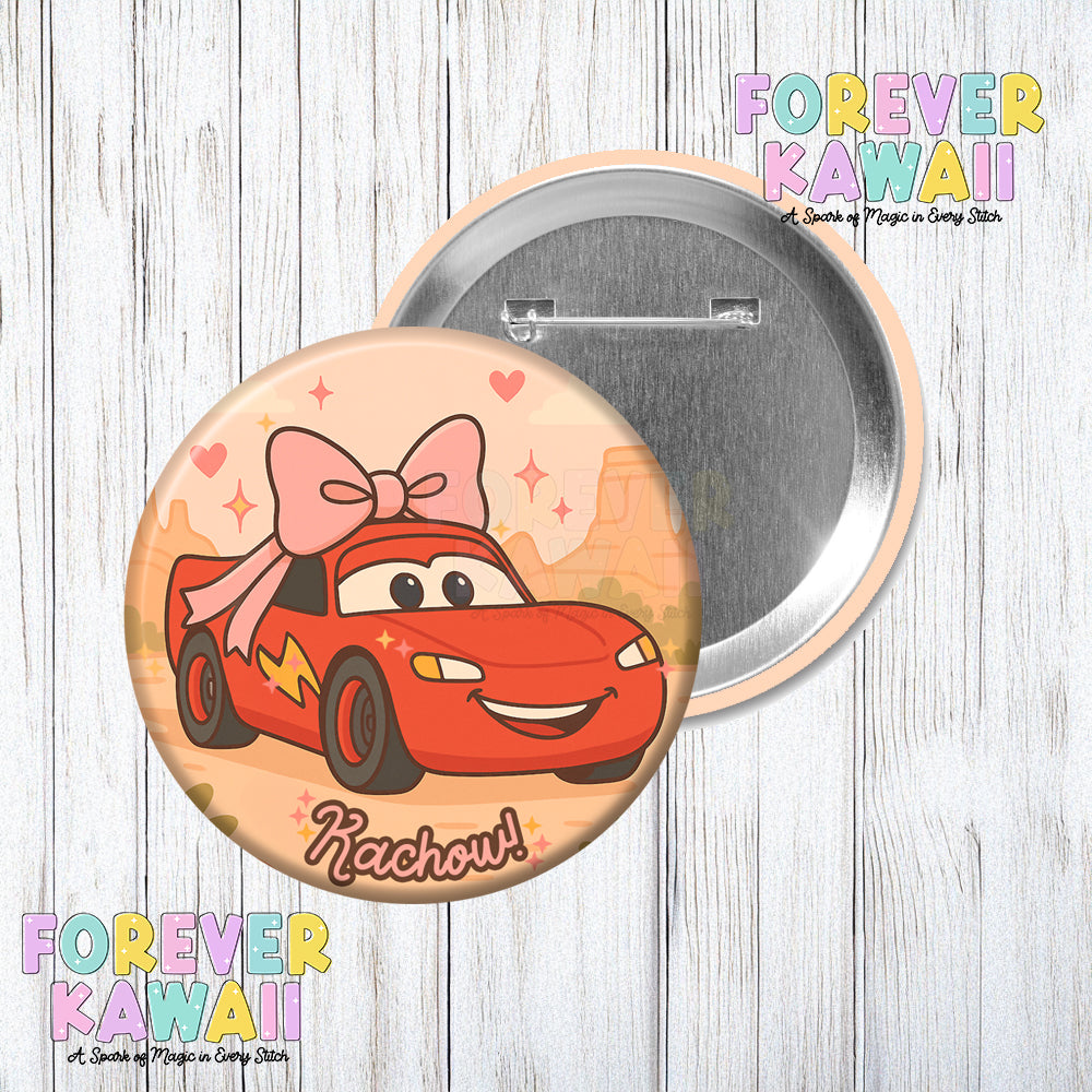 Kachow Race Car Bow - Celebration Pinback Button - Park Day Button
