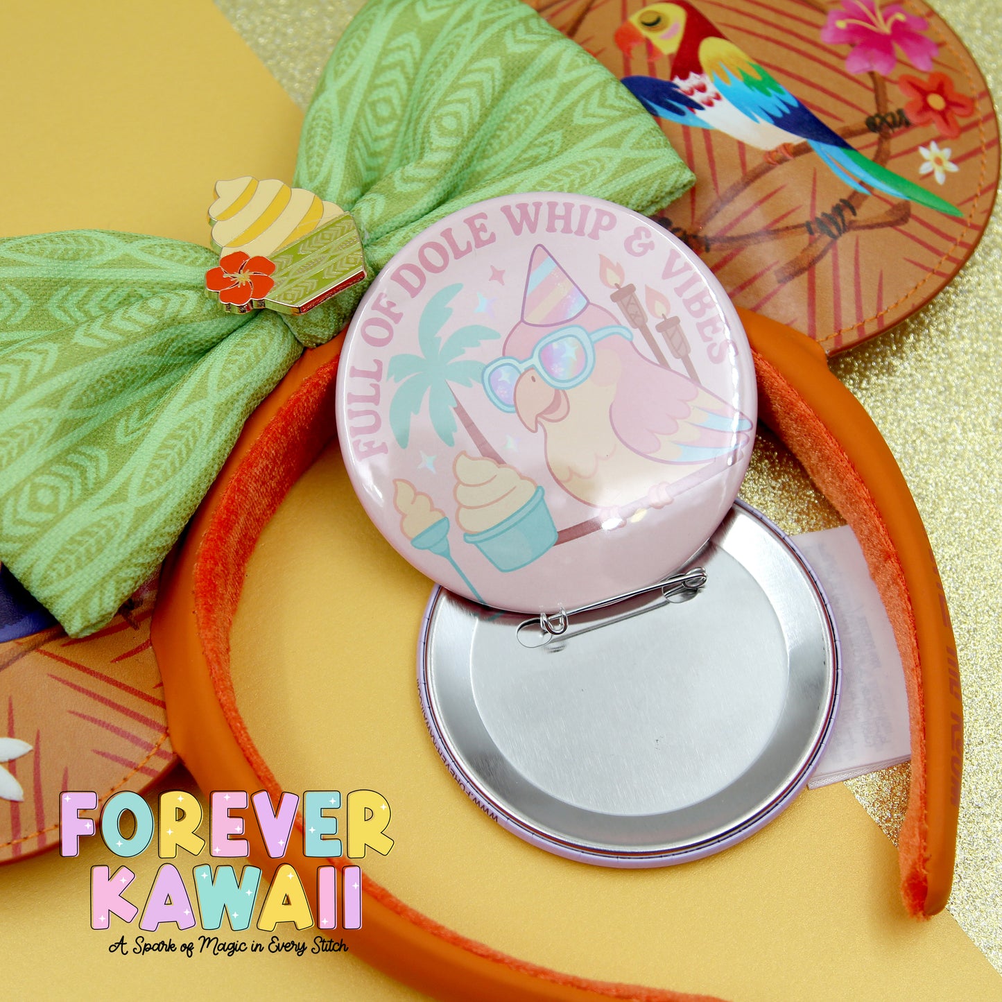 a collection of colorful and whimsical items, including a green bow tie, a pink pin, and a red headband, all set against a yellow background.