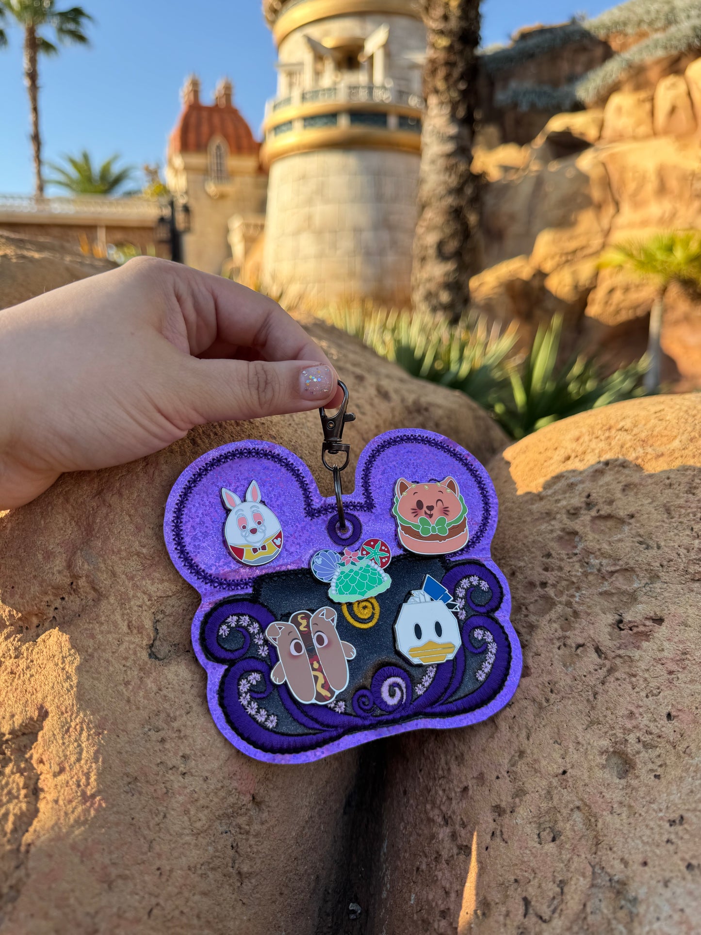 Sea Witch Pin Keychain | 5-Hole Enamel Pin Display | Sparkly Purple Villain Holder