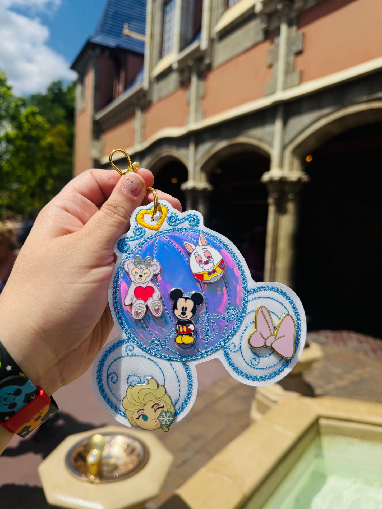 Enchanted Carriage Pin Keychain | 5-Hole Enamel Pin Display | Sparkly Vinyl Pin Holder