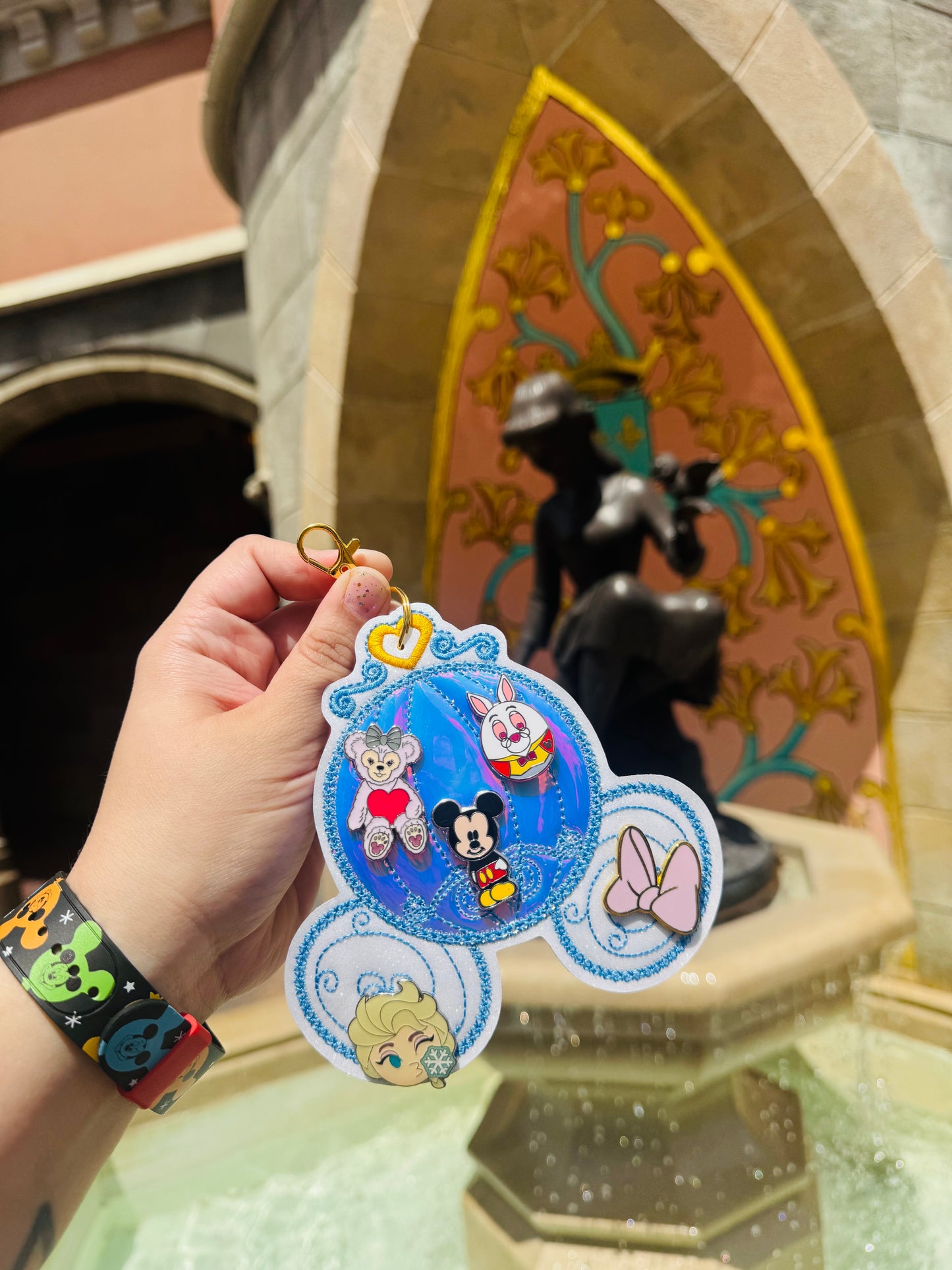 Enchanted Carriage Pin Keychain | 5-Hole Enamel Pin Display | Sparkly Vinyl Pin Holder
