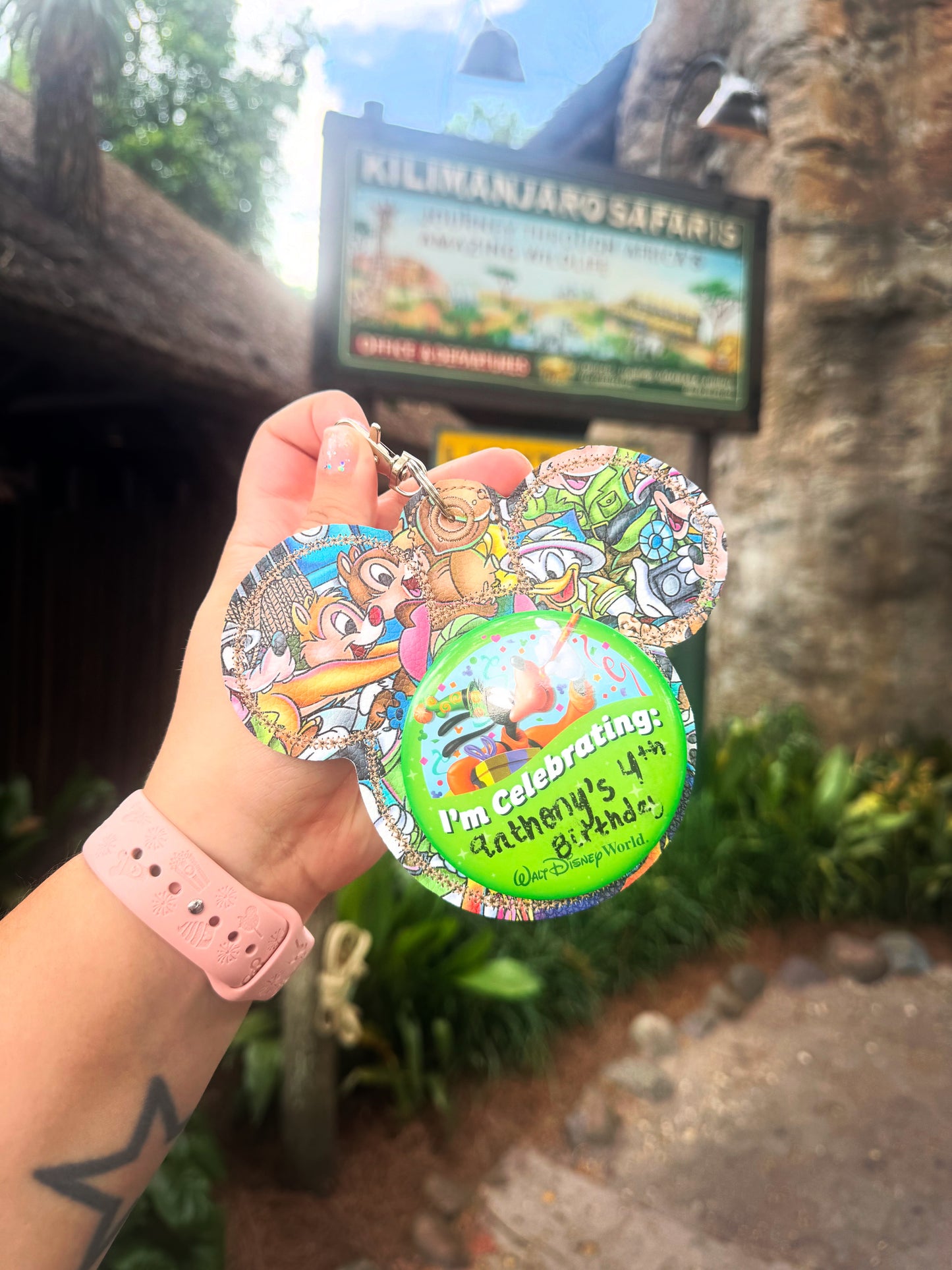 Safari Characters Mouse Backer Keychain for 3” Celebration Buttons - Badge Holder - Backpack Charm - Theme Park Accessory