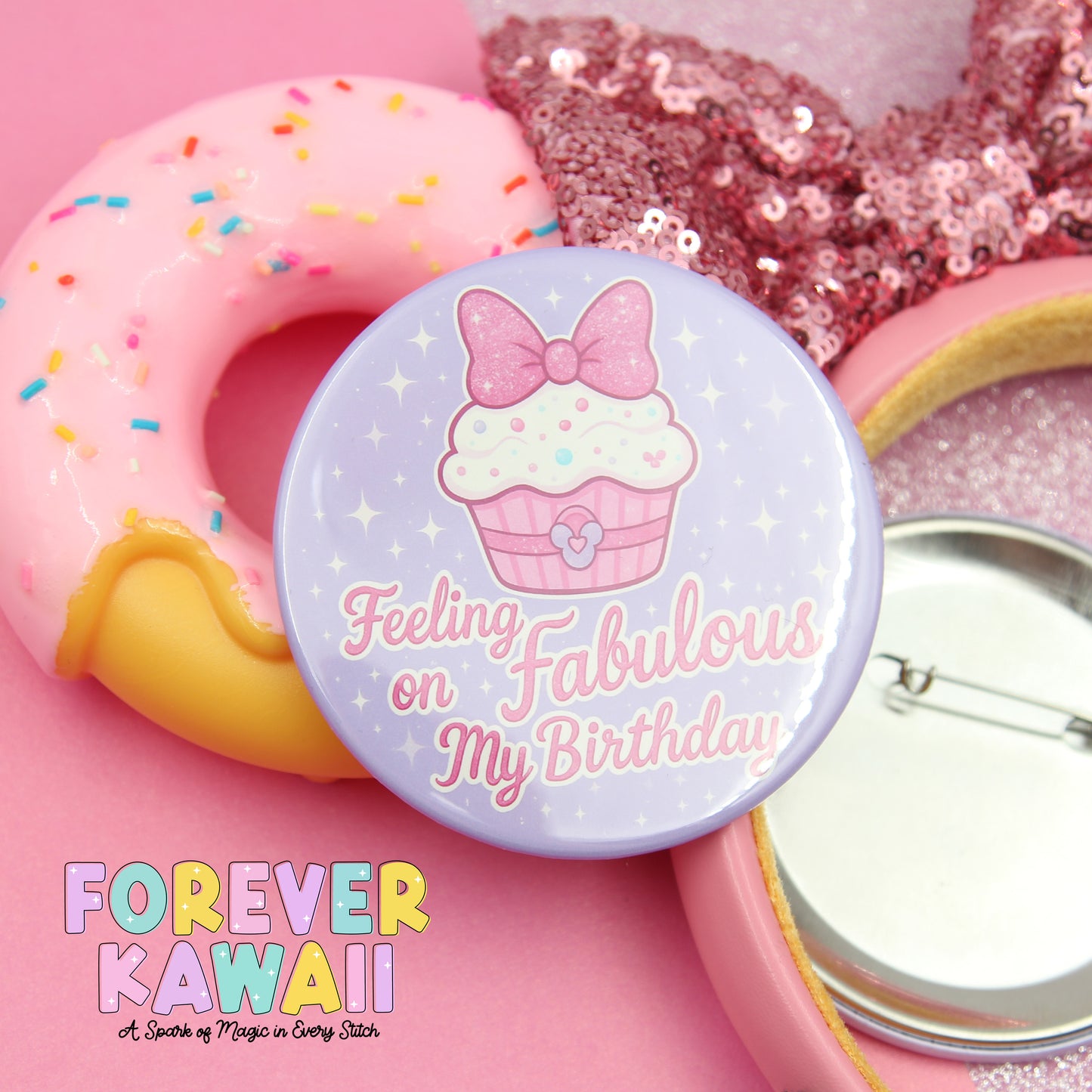 a pink donut with sprinkles, a pink sequin bow, and a pink sequin headband, all set against a pink background.