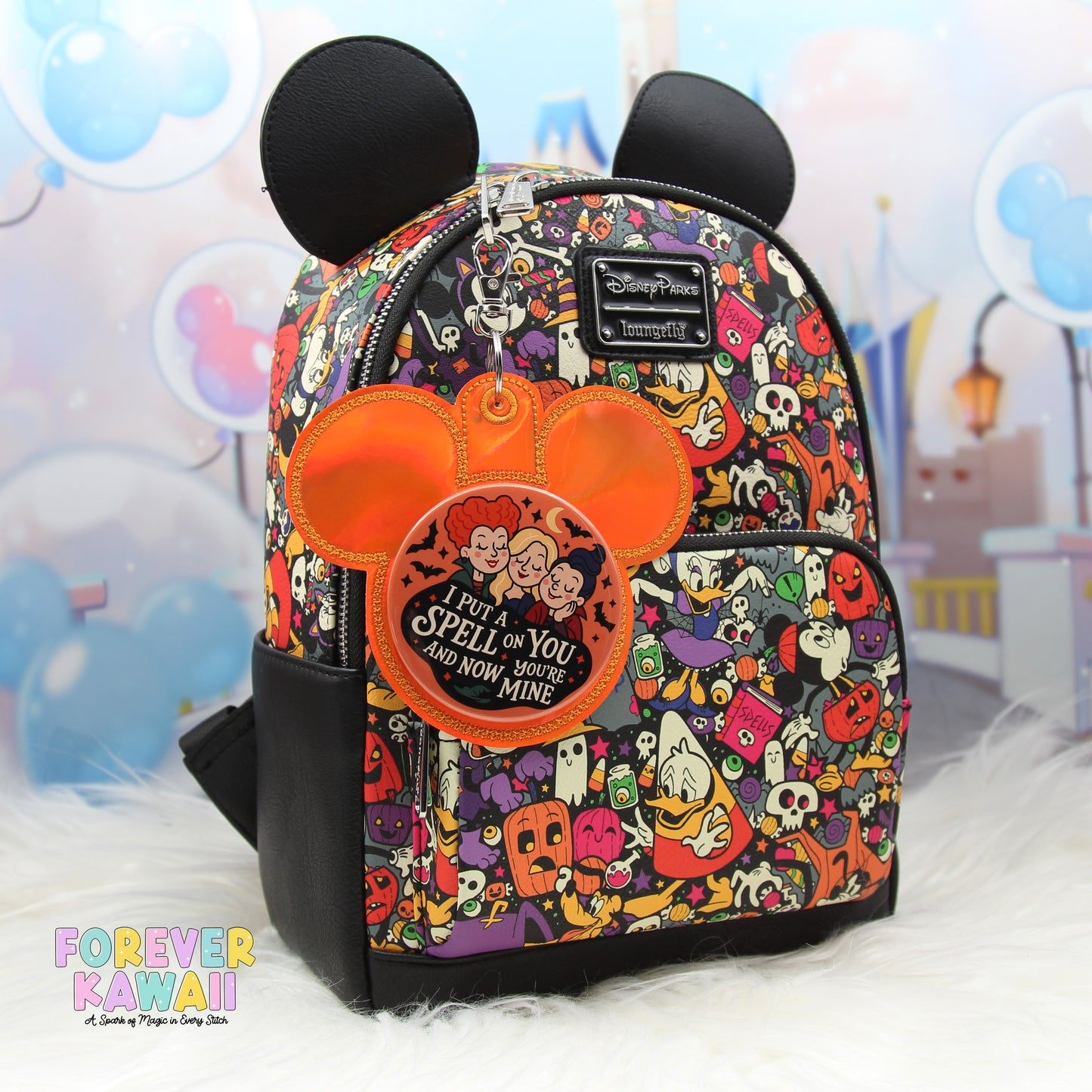 Orange Holographic Mouse Ear Button Holder – Vinyl Bag Charm for 3" Buttons – Cork Backed Display Clip