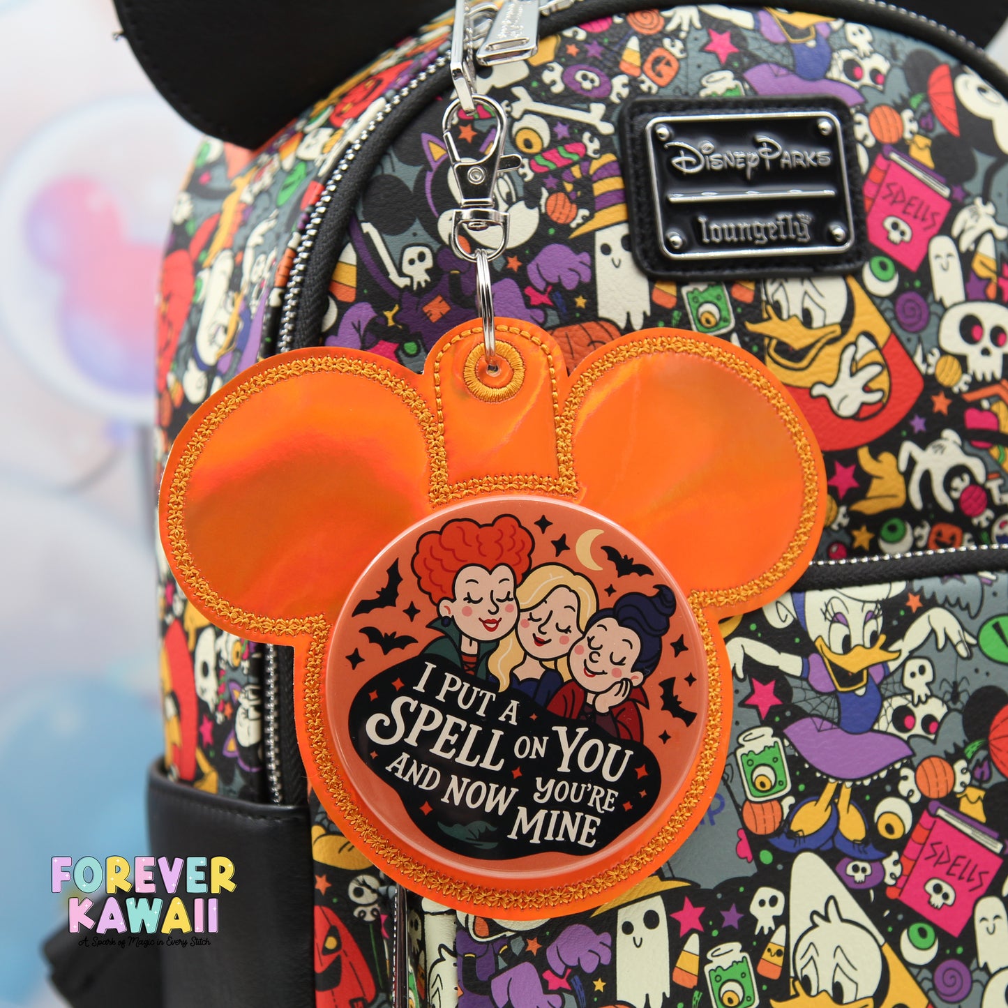 Orange Holographic Mouse Ear Button Holder – Vinyl Bag Charm for 3" Buttons – Cork Backed Display Clip