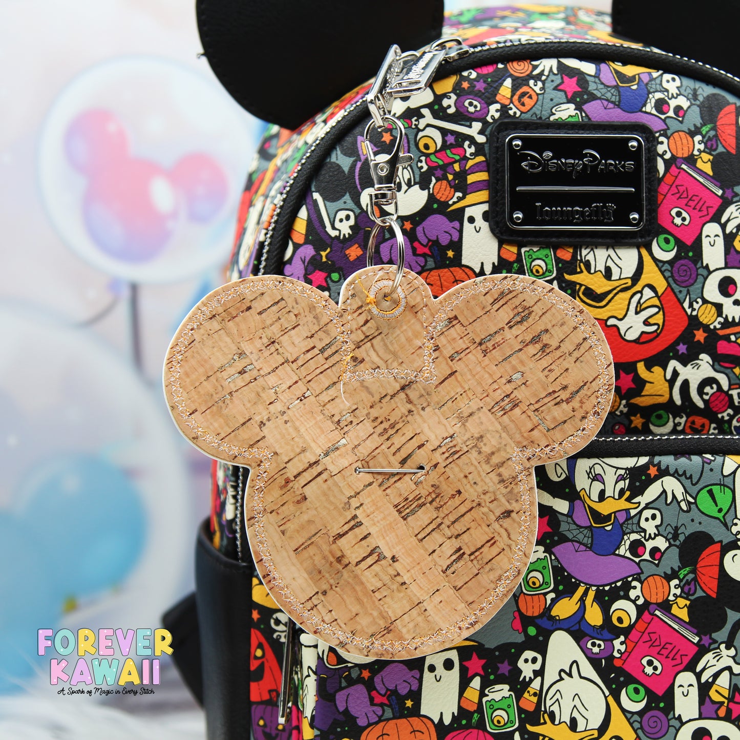 Orange Holographic Mouse Ear Button Holder – Vinyl Bag Charm for 3" Buttons – Cork Backed Display Clip