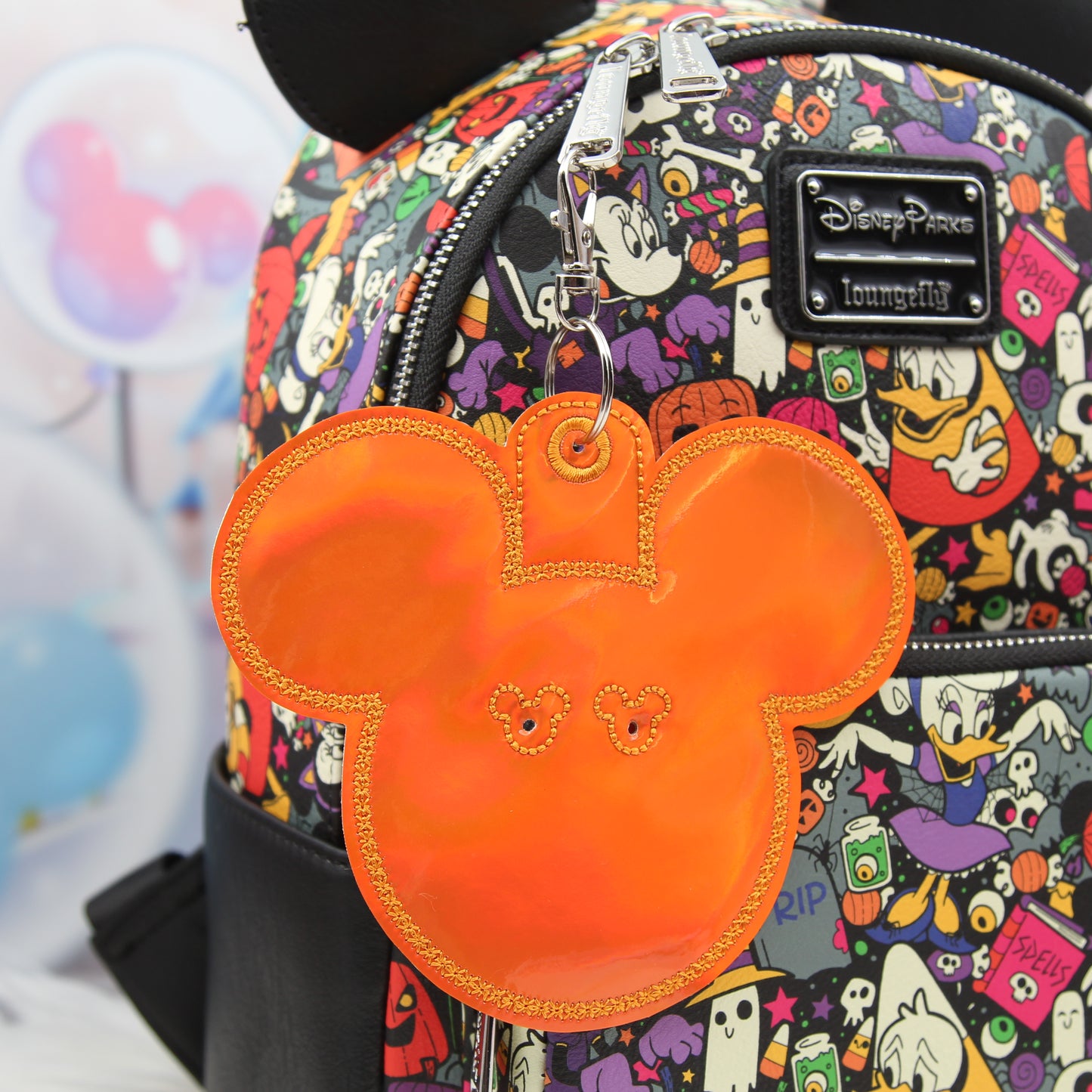 Orange Holographic Mouse Ear Button Holder – Vinyl Bag Charm for 3" Buttons – Cork Backed Display Clip