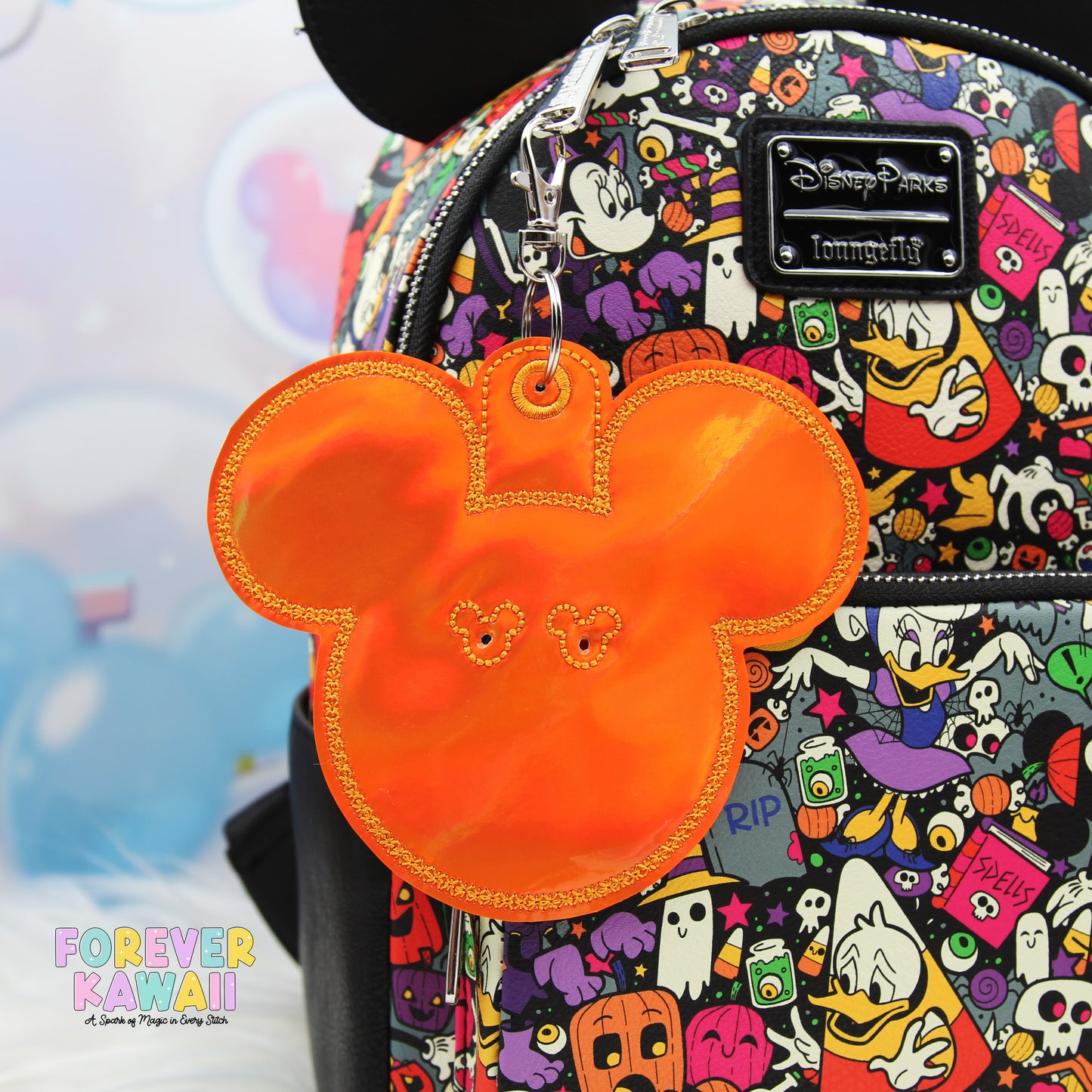 Orange Holographic Mouse Ear Button Holder – Vinyl Bag Charm for 3" Buttons – Cork Backed Display Clip