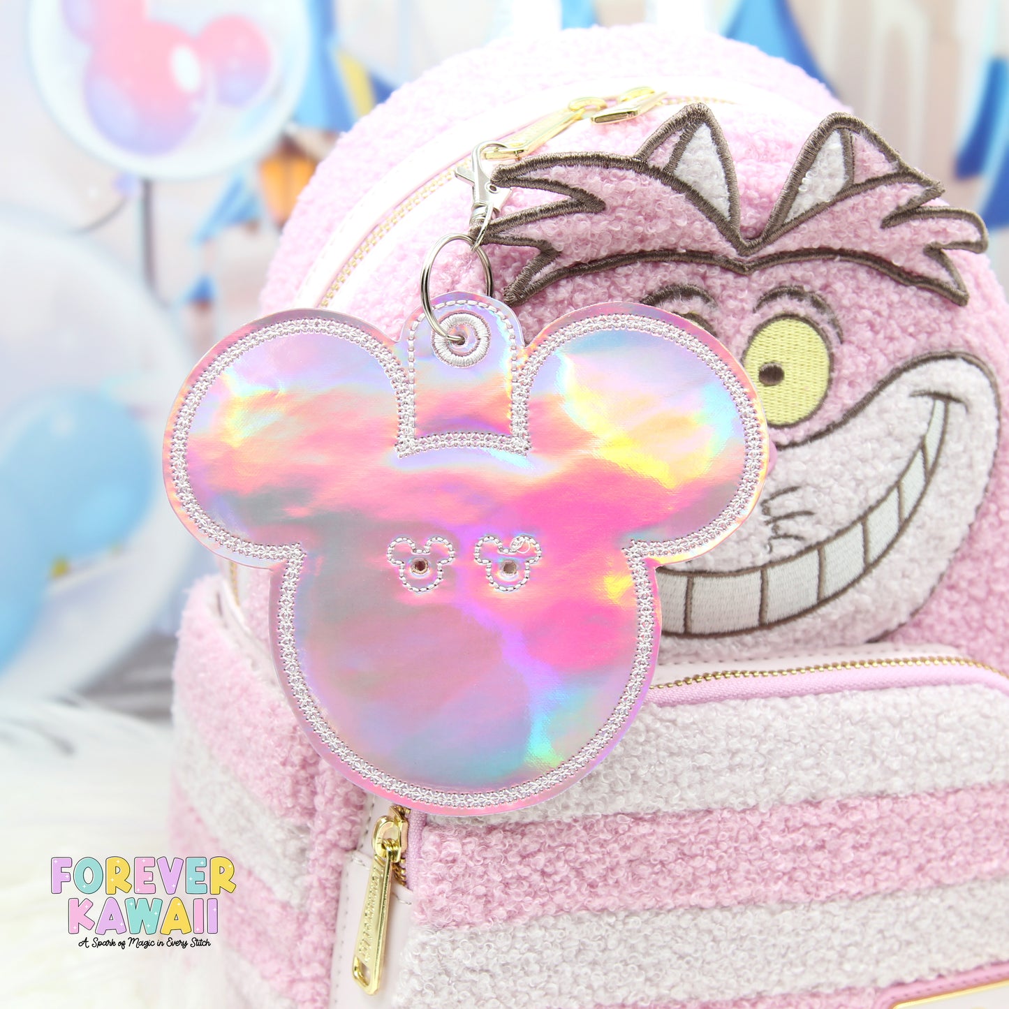 Pink Holographic Mouse Ear Button Holder – Vinyl Bag Charm for 3" Buttons – Cork Backed Display Clip (Copy)
