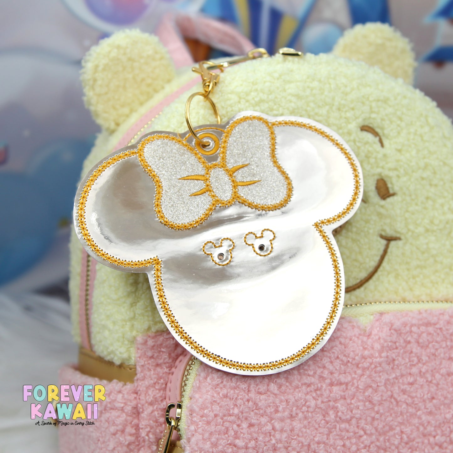 Gold Mirror Bow Celebration Pinback Button Holder – Sparkly Bow Keychain for 3" Celebration Buttons – Shiny Park Bag Clip