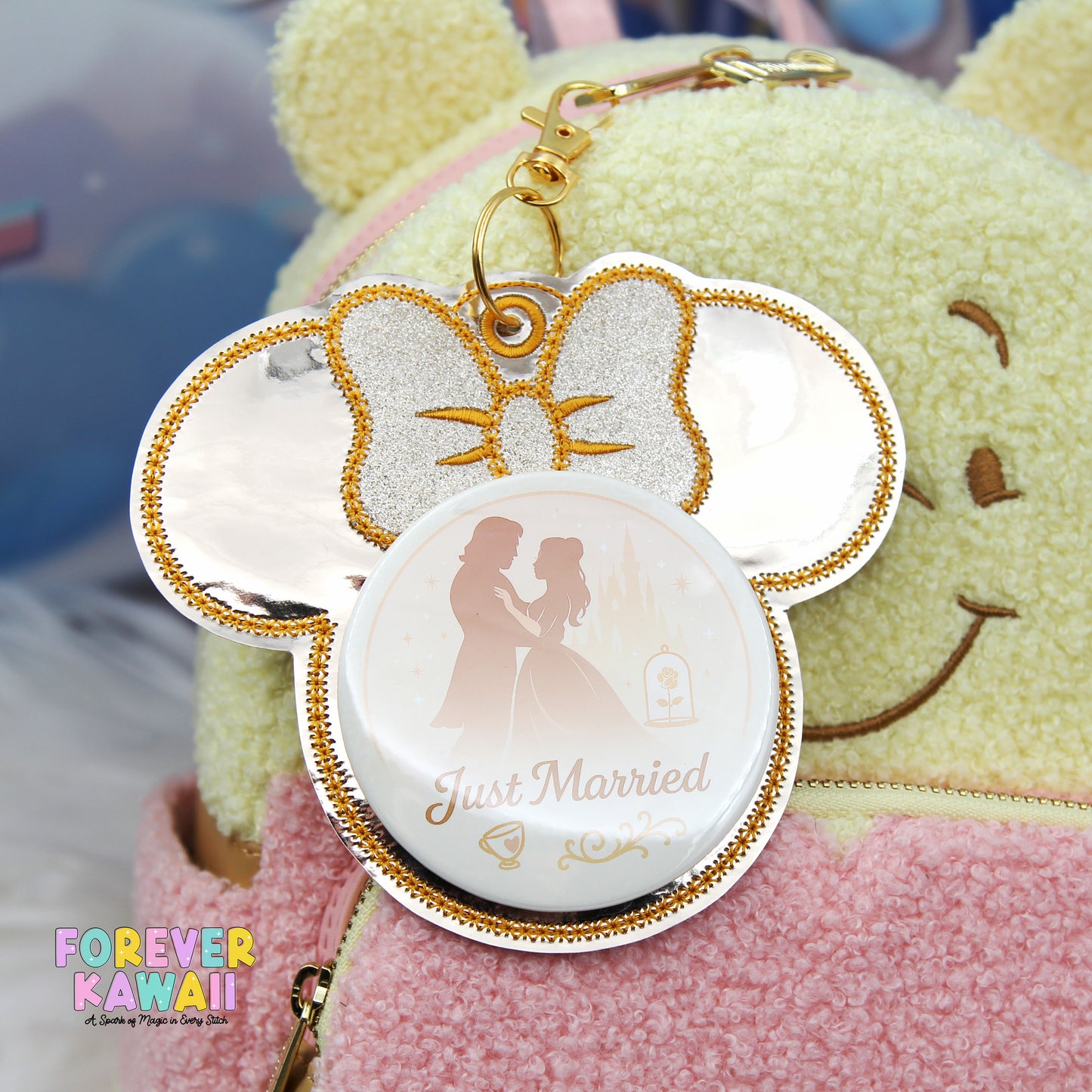 Gold Mirror Bow Celebration Pinback Button Holder – Sparkly Bow Keychain for 3" Celebration Buttons – Shiny Park Bag Clip