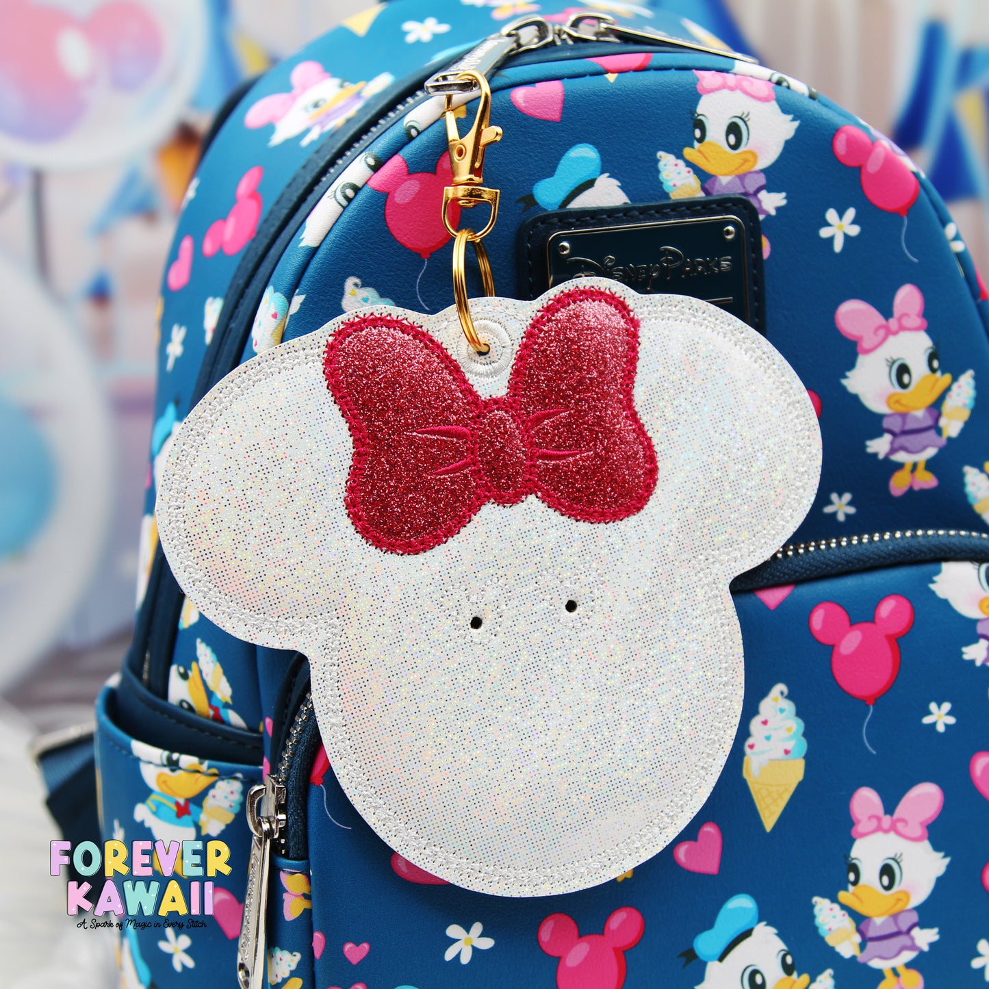White Iridescent Glitter Button Holder – Dark Pink Glitter Bow Keychain for 3" Celebration Buttons – Park Bag Accessory