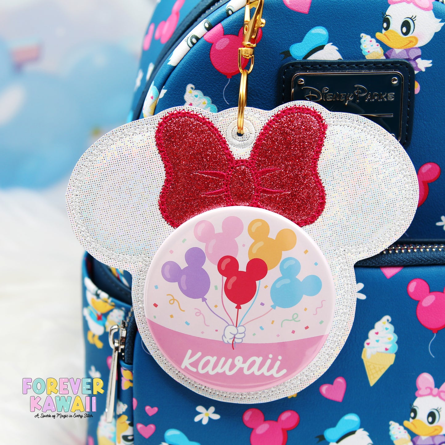 White Iridescent Glitter Button Holder – Dark Pink Glitter Bow Keychain for 3" Celebration Buttons – Park Bag Accessory
