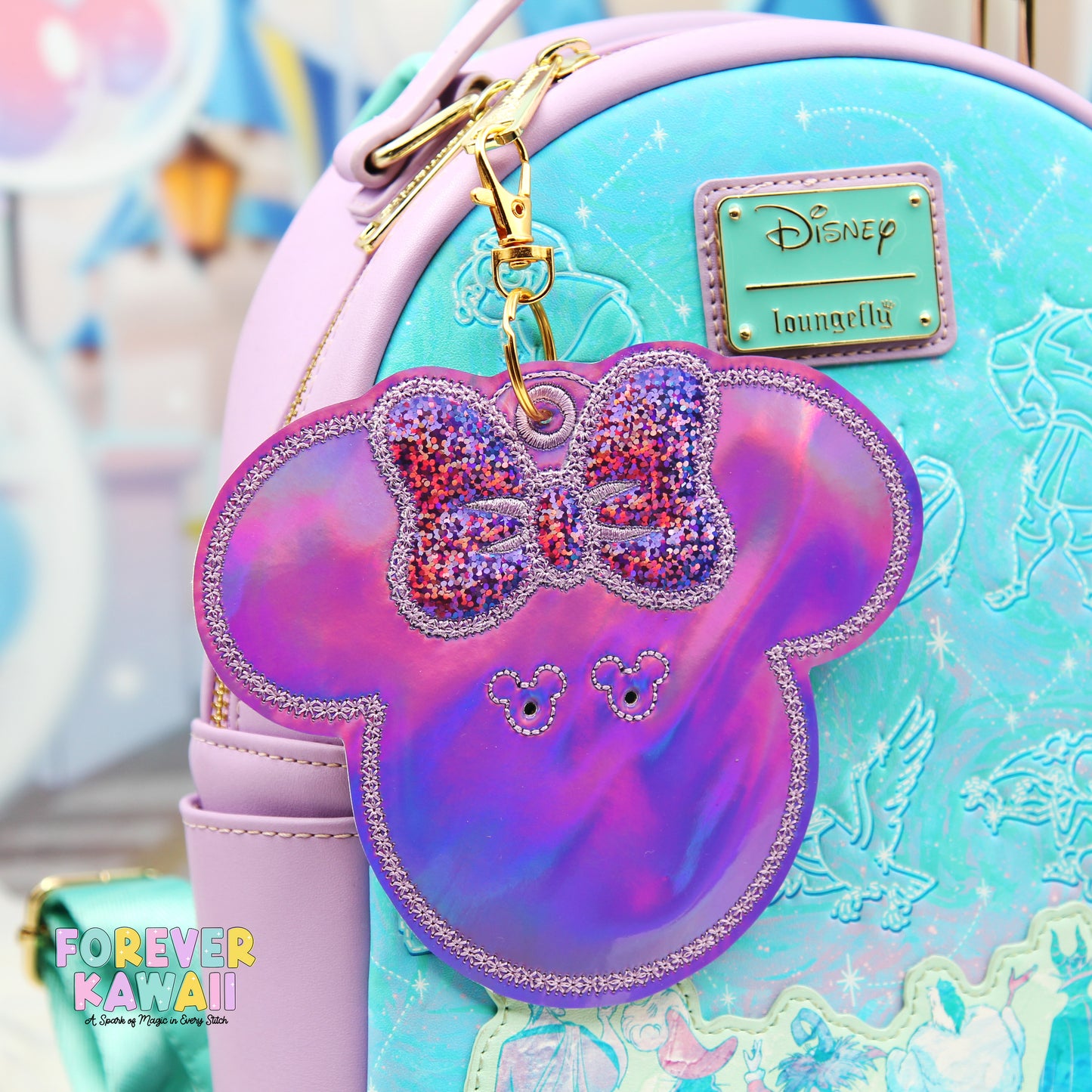 Purple Holographic Button Holder – Sparkle Bow Keychain for 3" Celebration Buttons – Magical Park Accessory