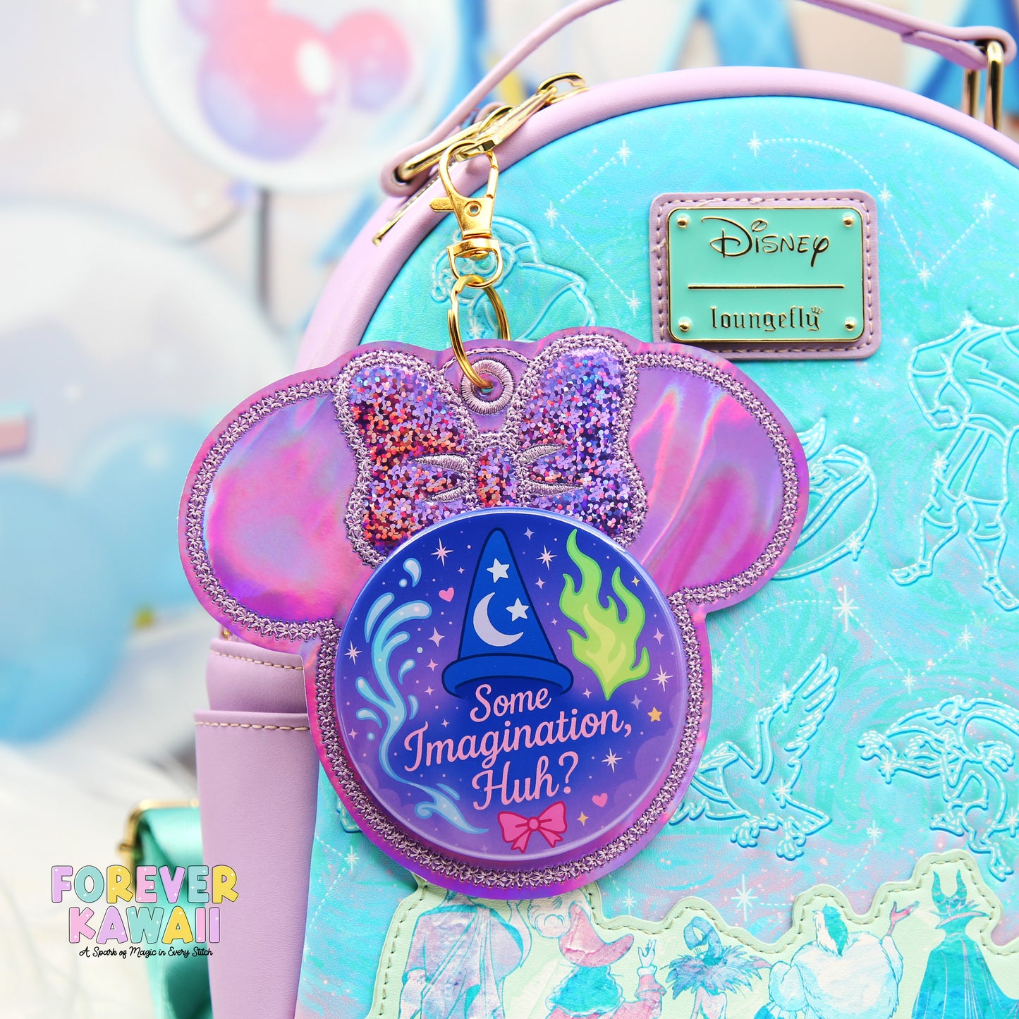 Purple Holographic Button Holder – Sparkle Bow Keychain for 3" Celebration Buttons – Magical Park Accessory