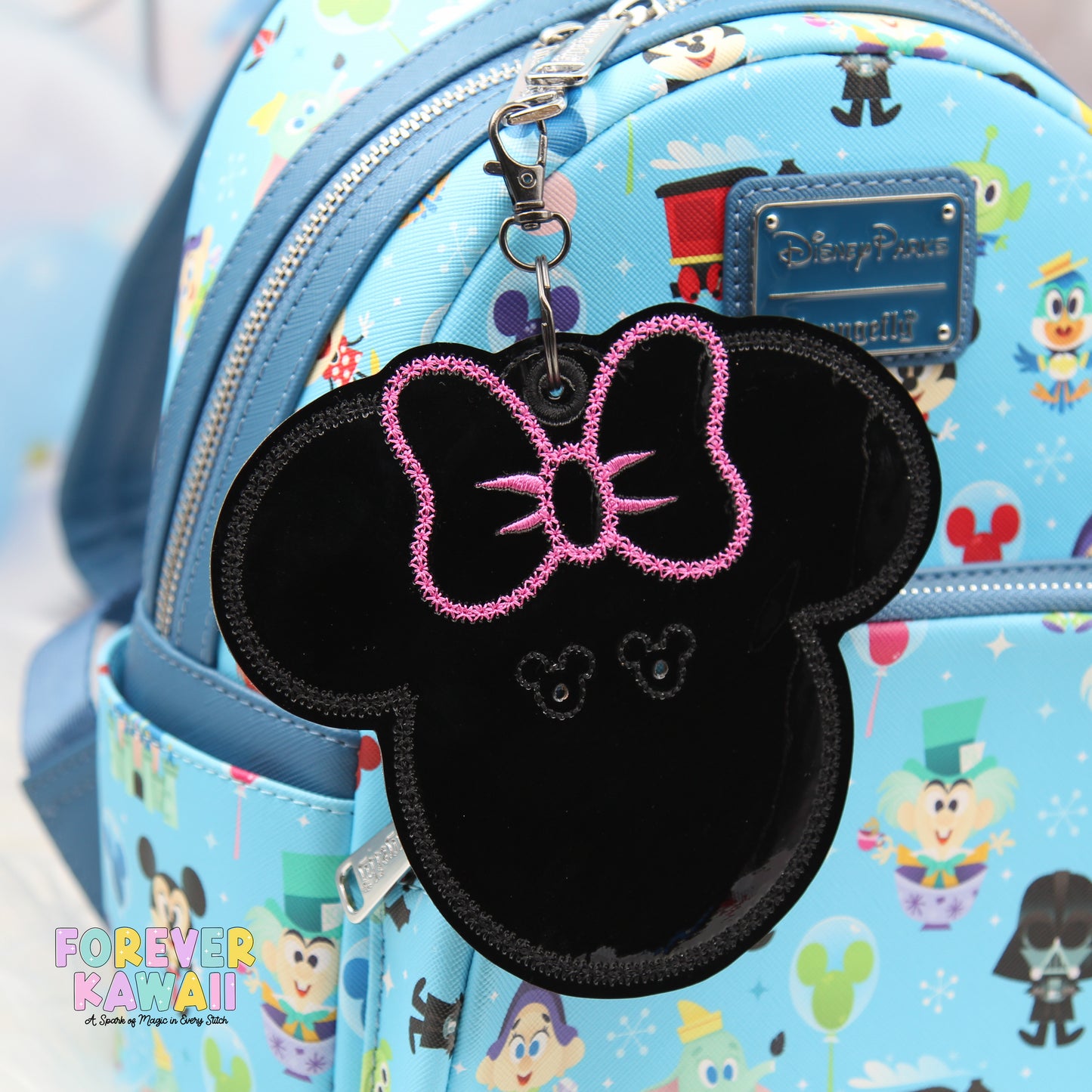 Black Gloss Celebration Button Holder β Hot Pink Bow Stitch β 3" Keychain Clip for Park Bags