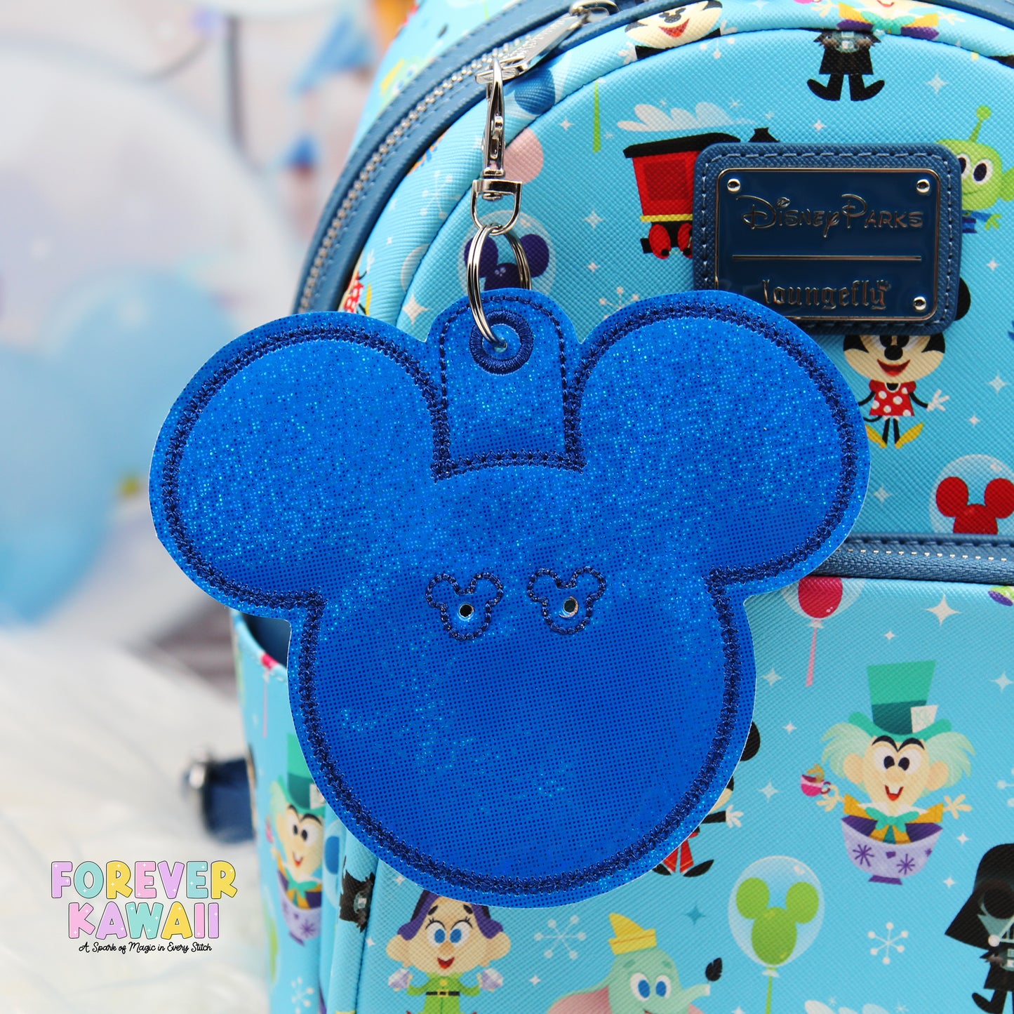 Royal Blue Glitter Celebration Button Holder – 3" Button Keychain Clip for Park Days