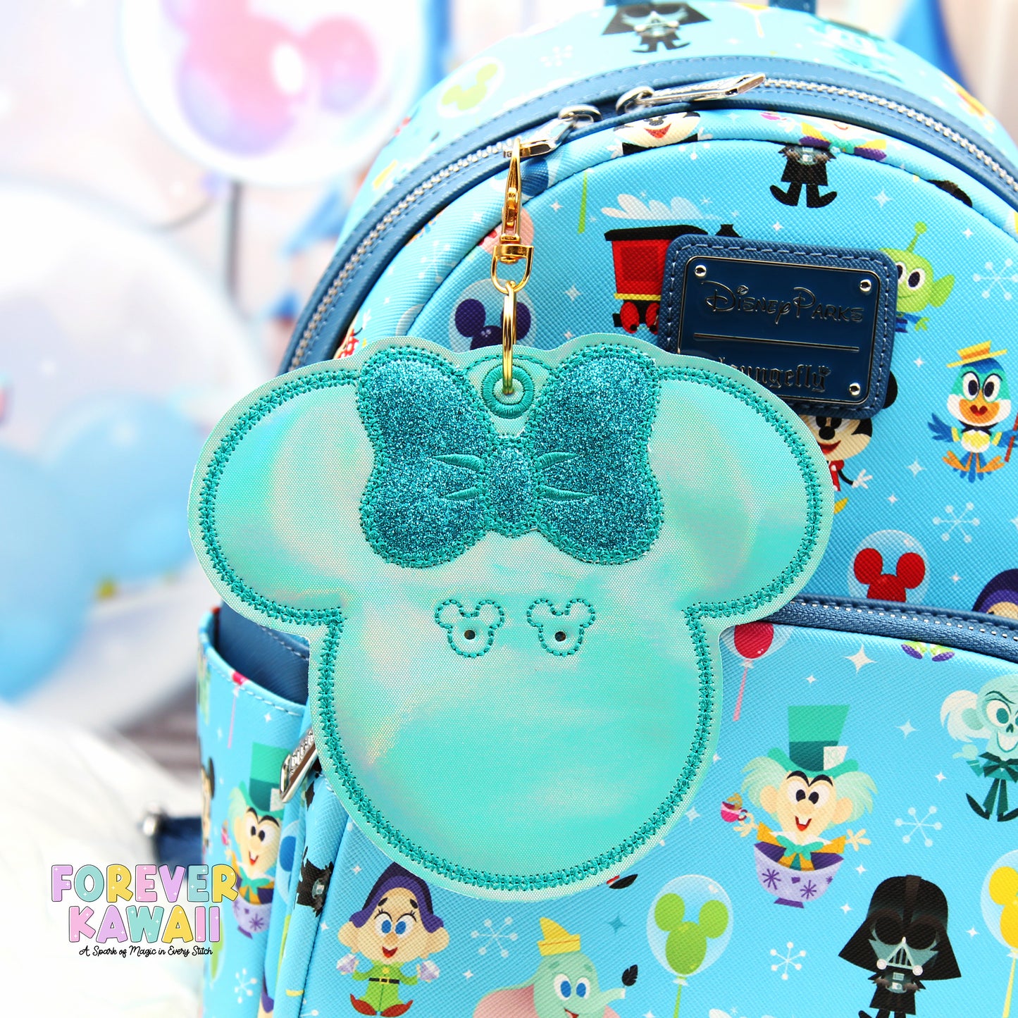 Tiffany Blue Minnie Celebration Button Holder – Sparkly Park Keychain for 3” Buttons
