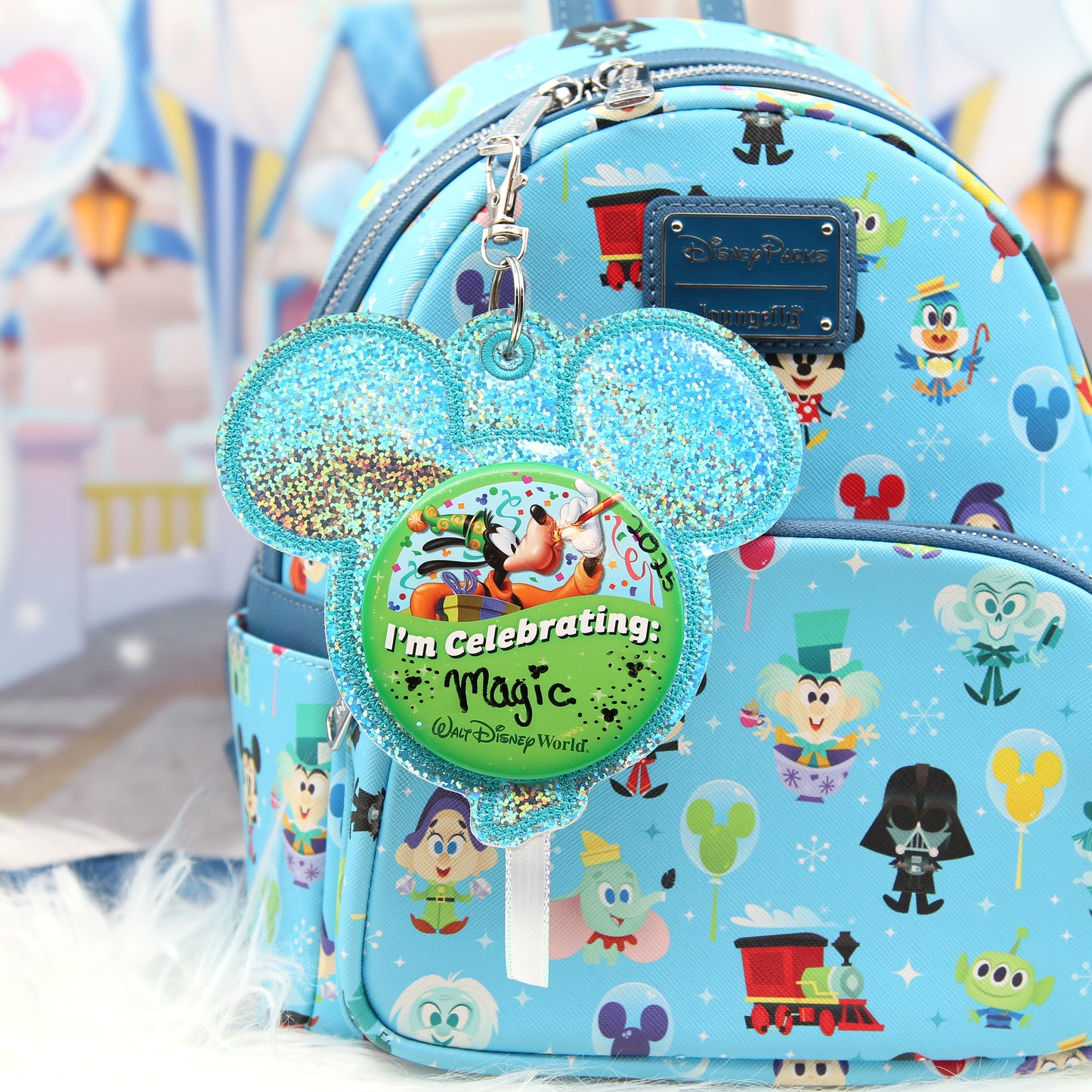 Blue Glitter Balloon Celebration Button Holder Keychain - Mouse Backer Keychain for 3” Celebration Buttons - Embroidered Badge Holder - Backpack Charm - Theme Park Accessory