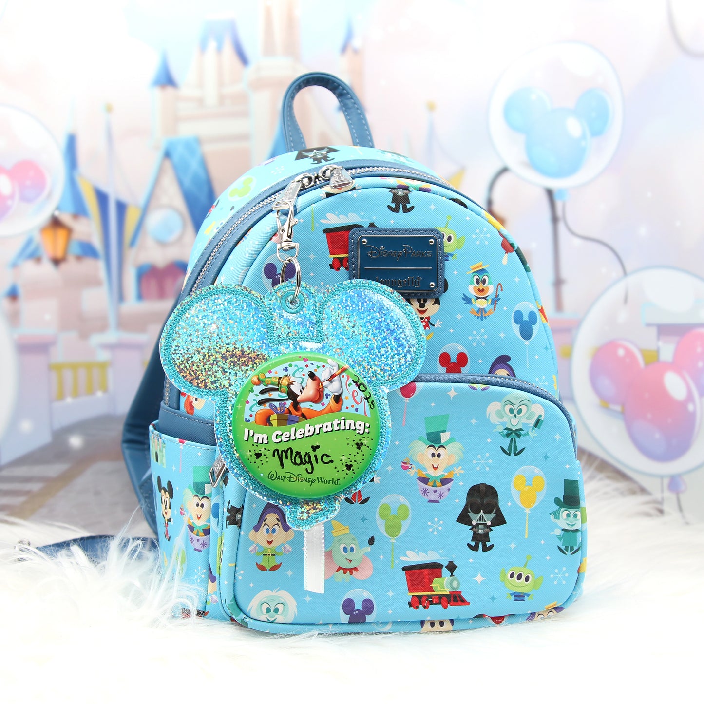 Blue Glitter Balloon Celebration Button Holder Keychain - Mouse Backer Keychain for 3” Celebration Buttons - Embroidered Badge Holder - Backpack Charm - Theme Park Accessory
