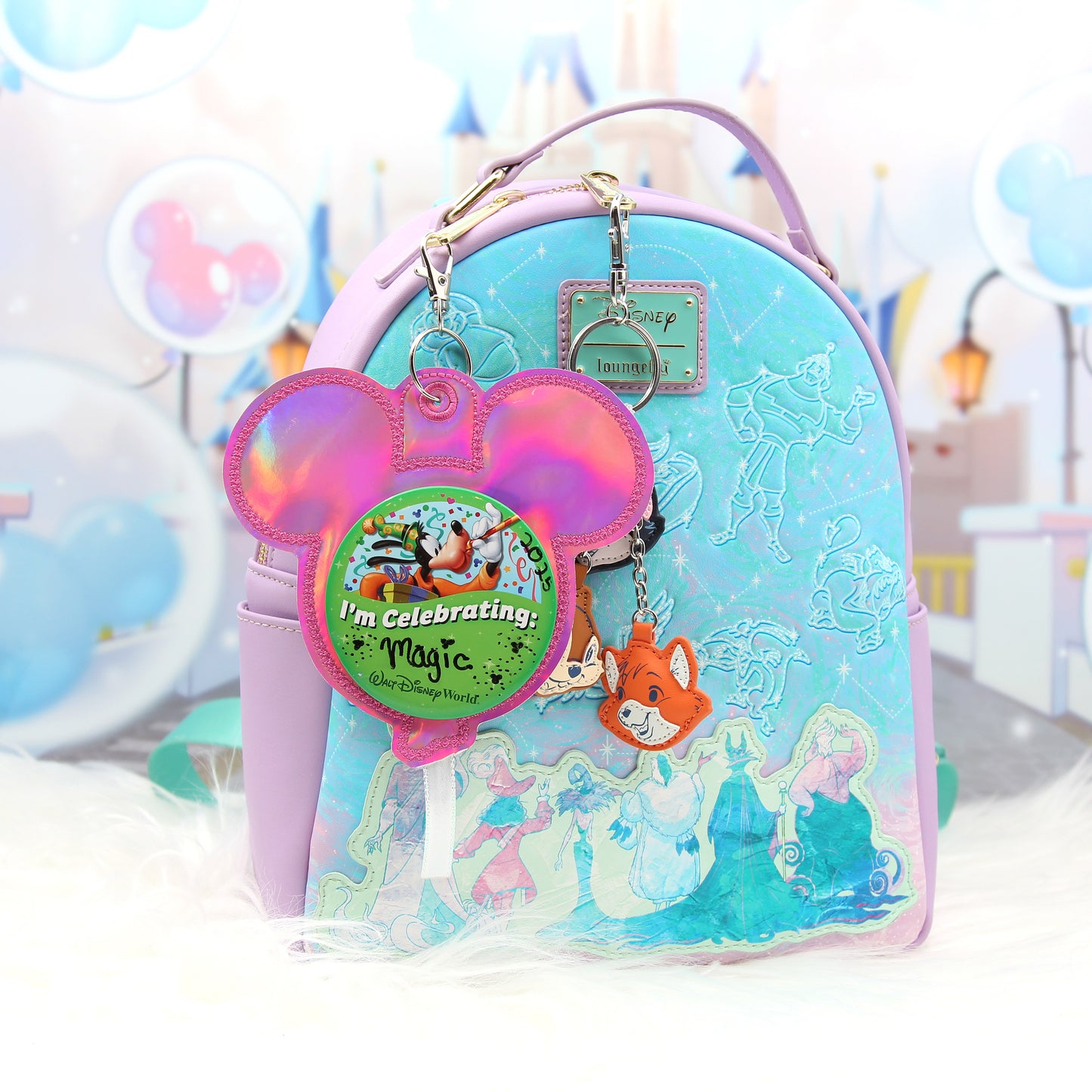 Pink Holographic Balloon Celebration Button Holder Keychain - Mouse Backer Keychain for 3” Celebration Buttons - Embroidered Badge Holder - Backpack Charm - Theme Park Accessory