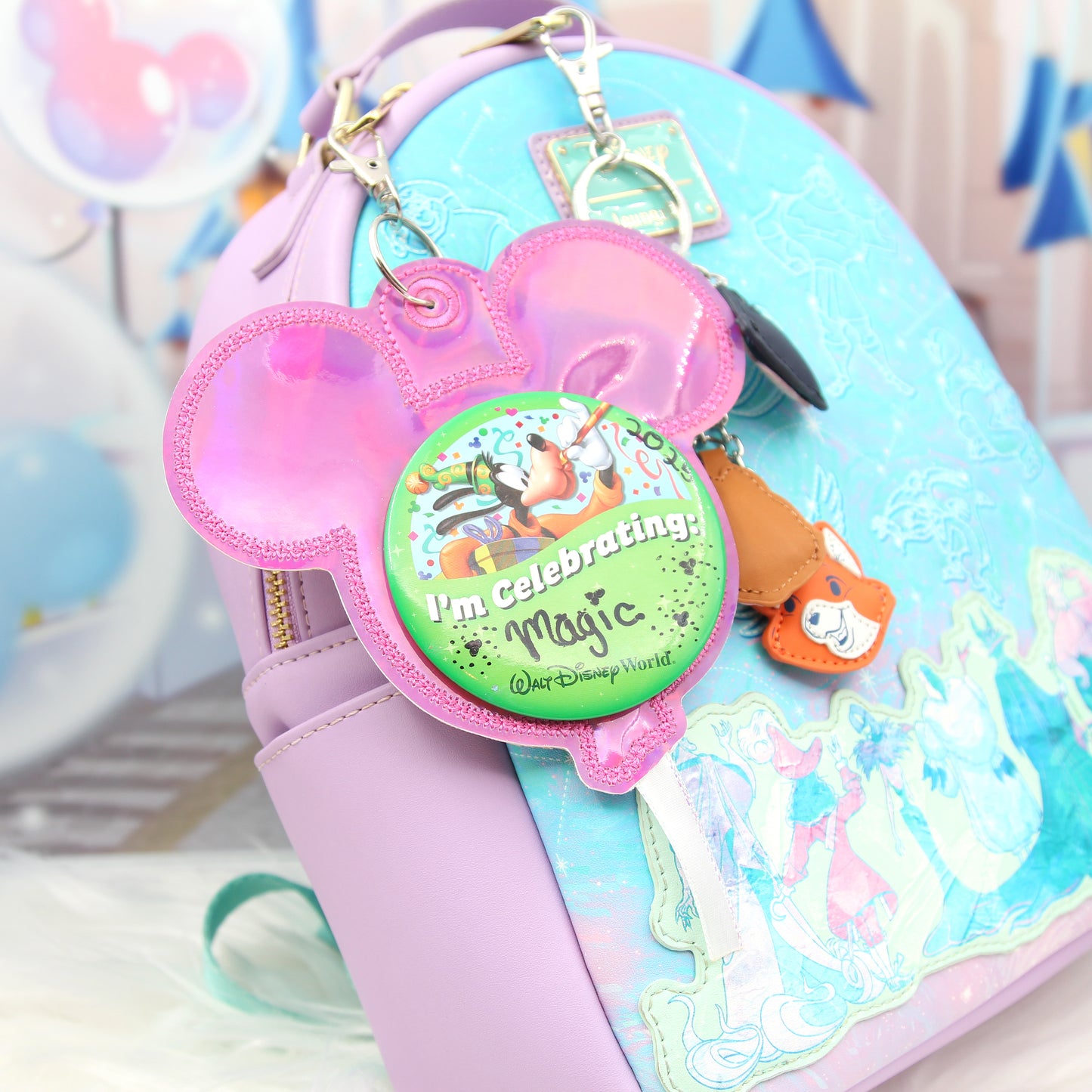 Pink Holographic Balloon Celebration Button Holder Keychain - Mouse Backer Keychain for 3” Celebration Buttons - Embroidered Badge Holder - Backpack Charm - Theme Park Accessory