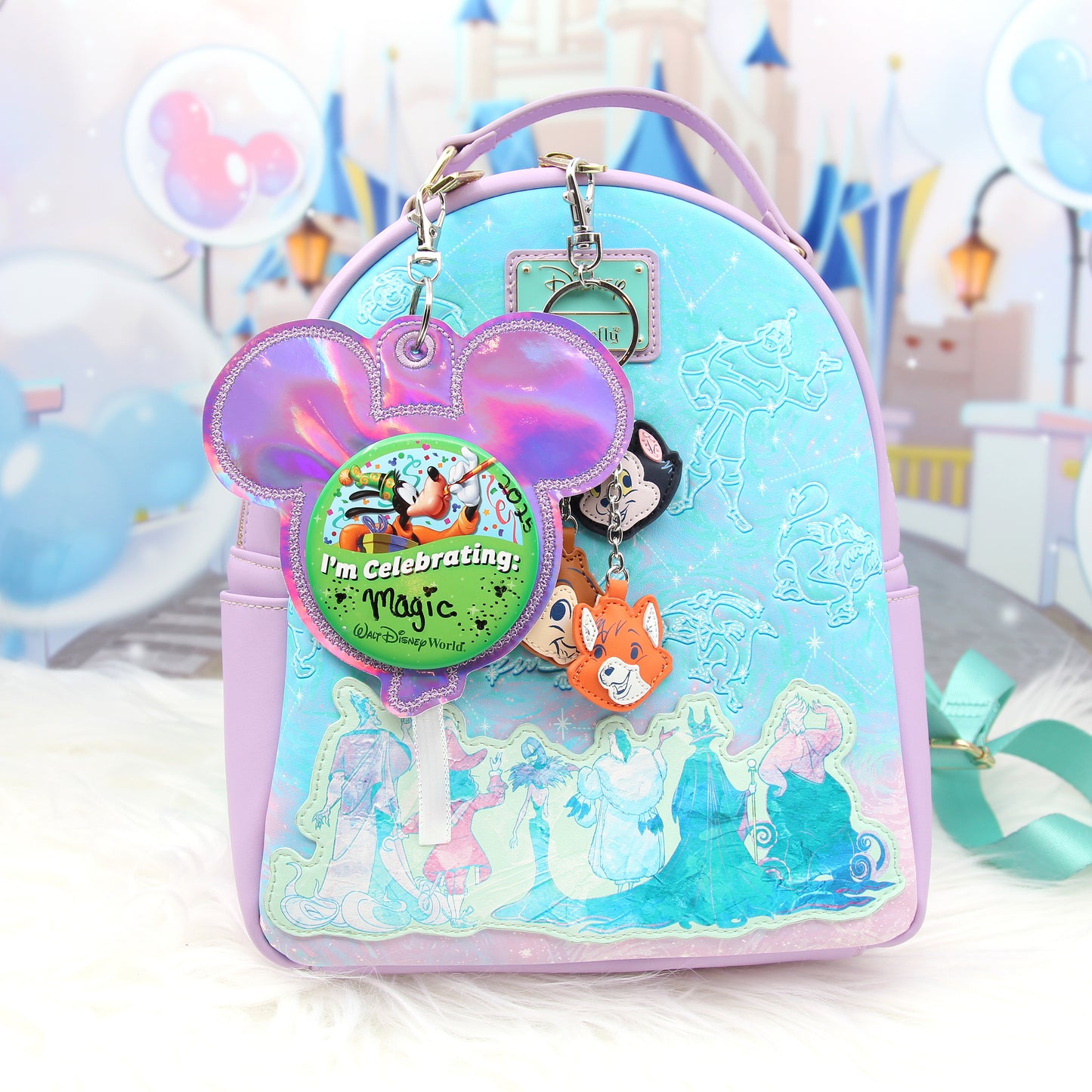 Purple Holographic Balloon Celebration Button Holder Keychain - Mouse Backer Keychain for 3” Celebration Buttons - Embroidered Badge Holder - Backpack Charm - Theme Park Accessory