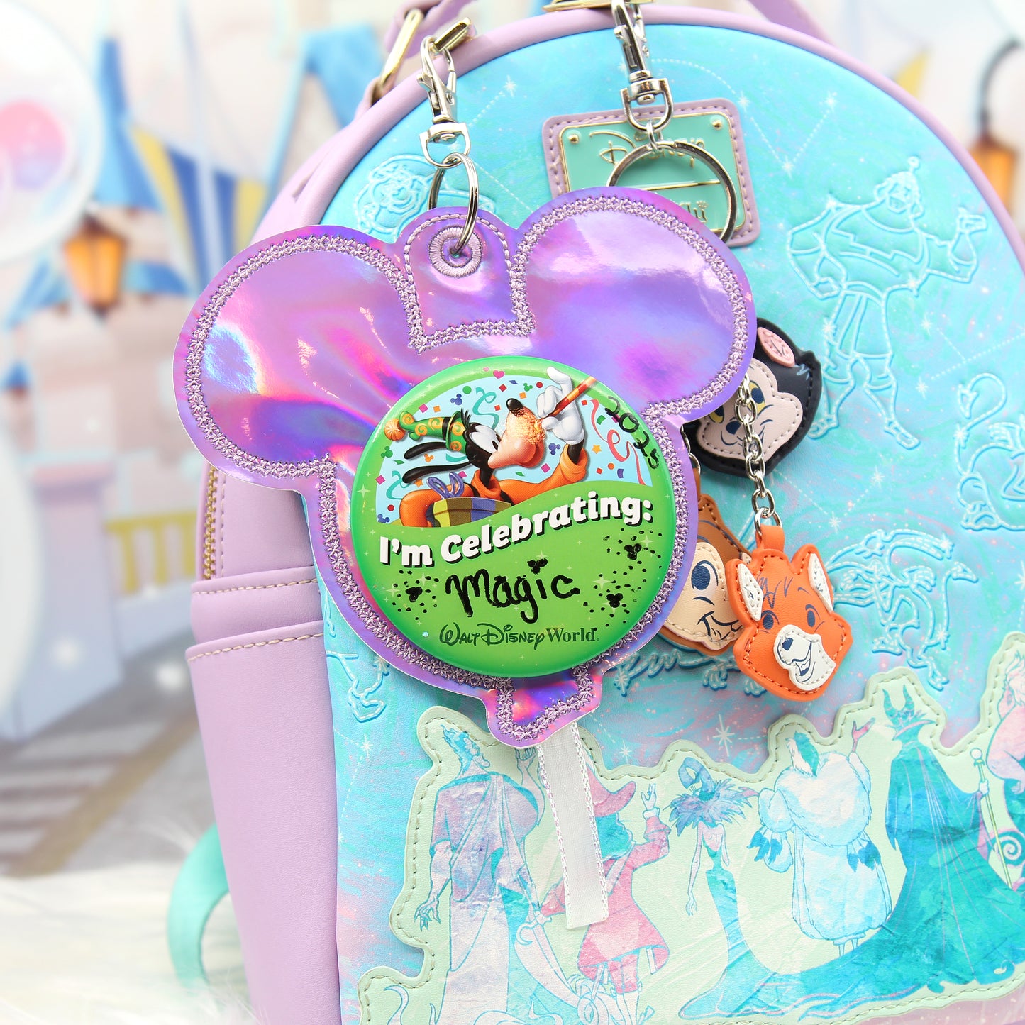 Purple Holographic Balloon Celebration Button Holder Keychain - Mouse Backer Keychain for 3” Celebration Buttons - Embroidered Badge Holder - Backpack Charm - Theme Park Accessory