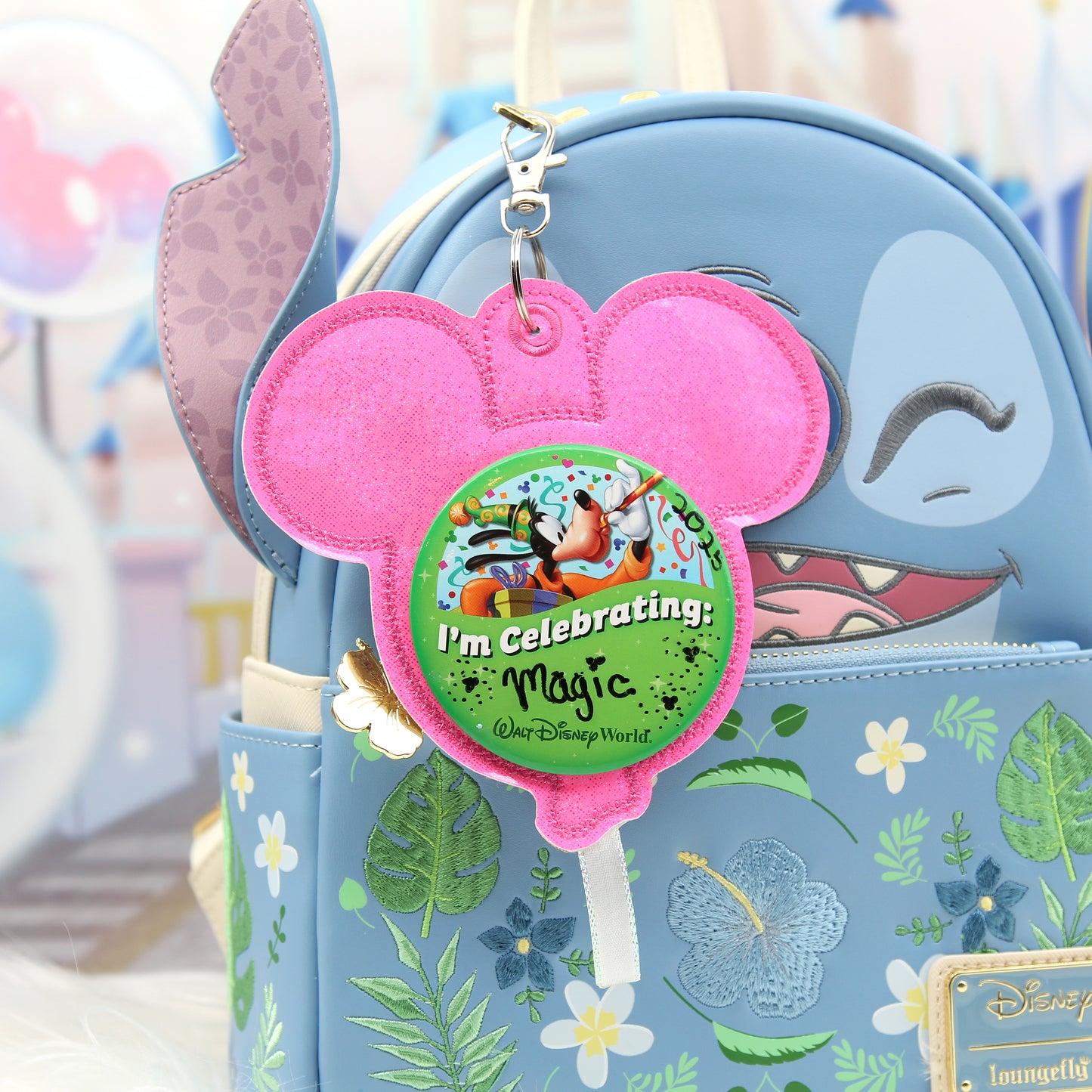 Hot Pink Glitter Balloon Celebration Button Holder Keychain - Mouse Backer Keychain for 3” Celebration Buttons - Embroidered Badge Holder - Backpack Charm - Theme Park Accessory