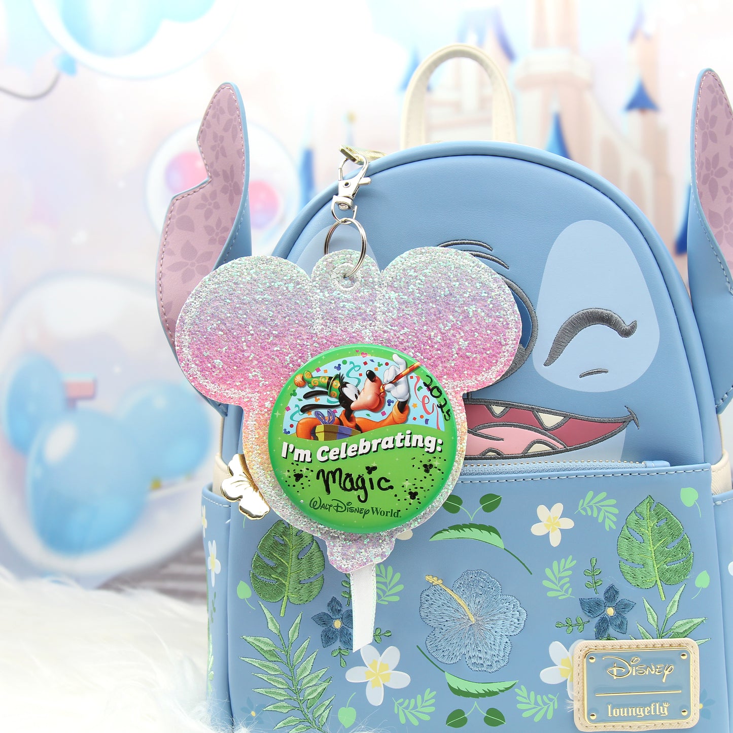 Chunky Rainbow Pastel Glitter Balloon Celebration Button Holder Keychain - Mouse Backer Keychain for 3” Celebration Buttons - Embroidered Badge Holder - Backpack Charm - Theme Park Accessory