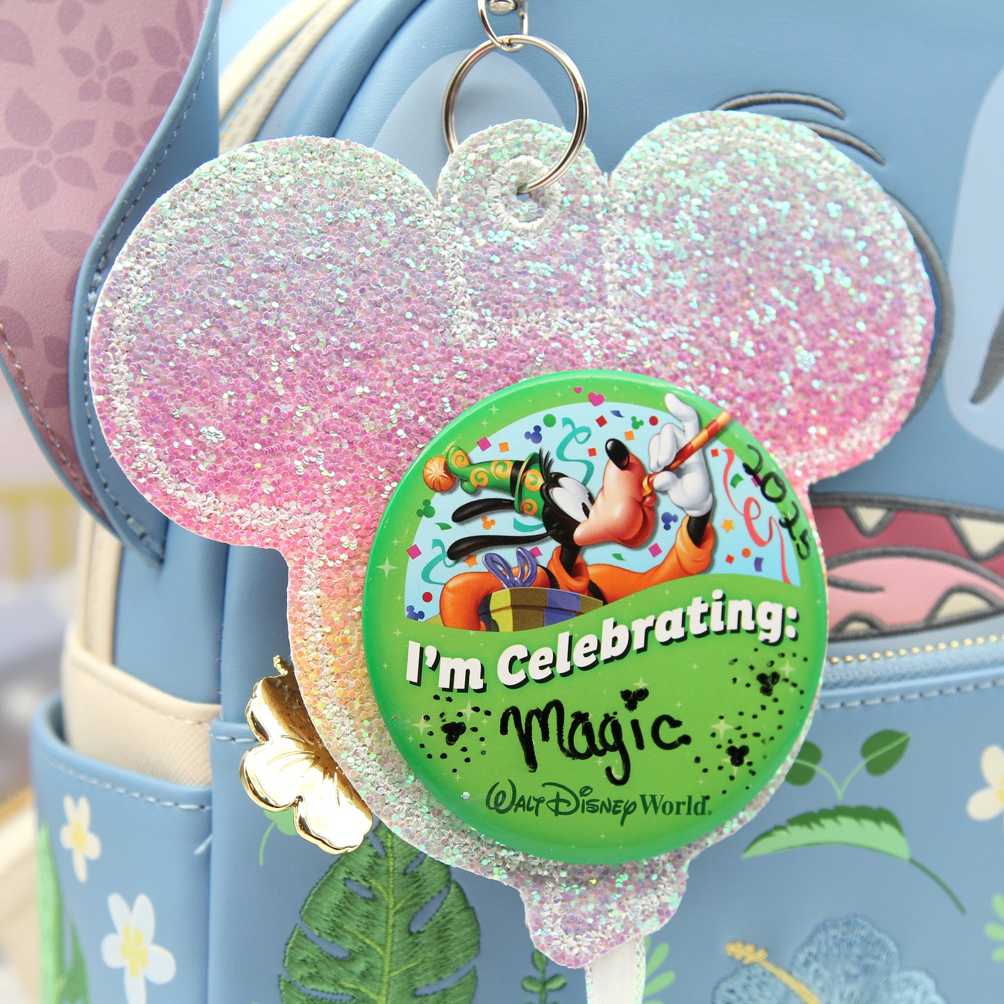 Chunky Rainbow Pastel Glitter Balloon Celebration Button Holder Keychain - Mouse Backer Keychain for 3” Celebration Buttons - Embroidered Badge Holder - Backpack Charm - Theme Park Accessory