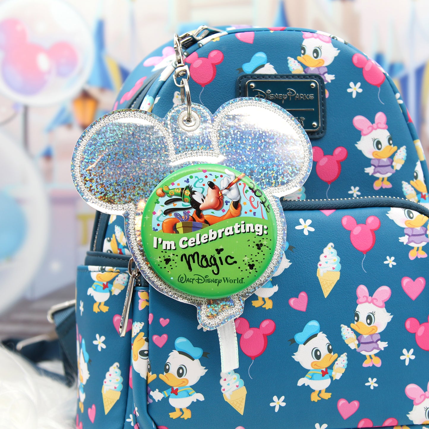 Holographic Glitter Balloon Celebration Button Holder Keychain - Mouse Backer Keychain for 3” Celebration Buttons - Embroidered Badge Holder - Backpack Charm - Theme Park Accessory