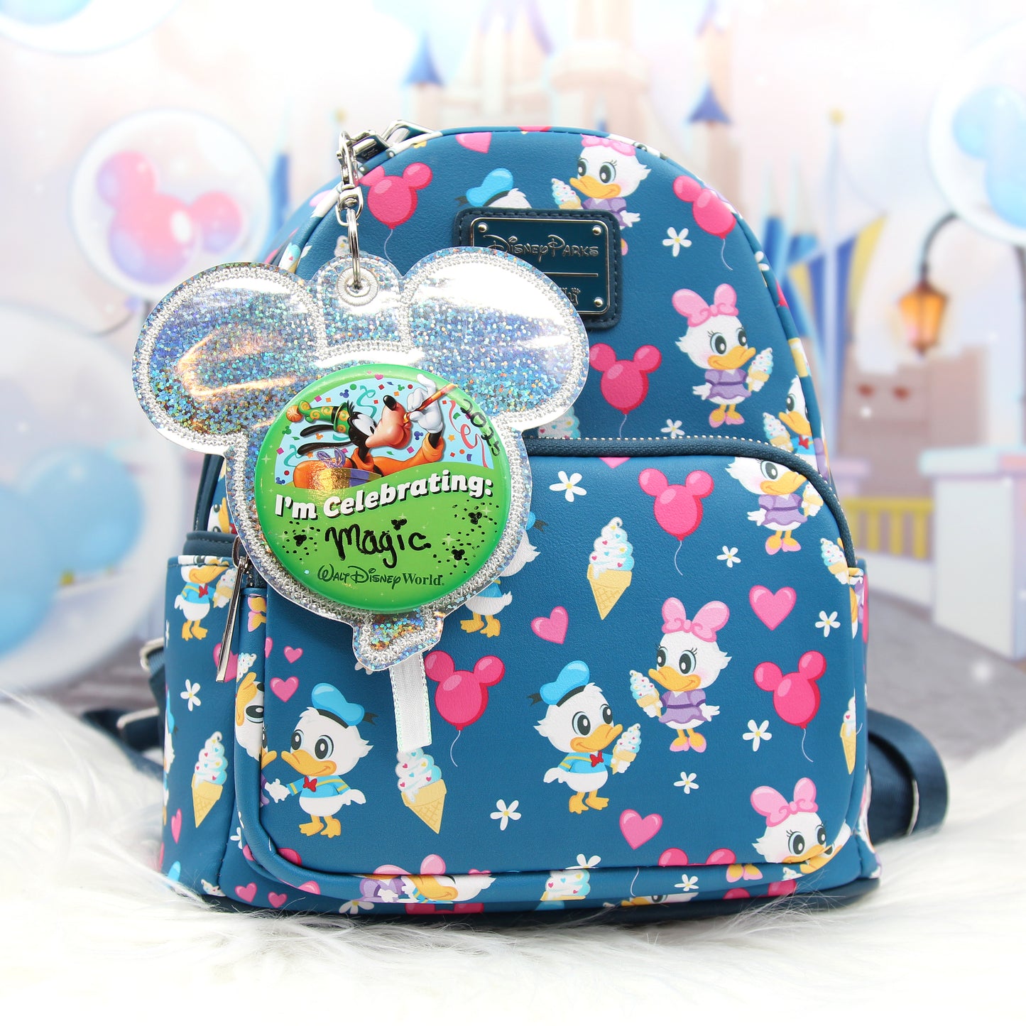 Holographic Glitter Balloon Celebration Button Holder Keychain - Mouse Backer Keychain for 3” Celebration Buttons - Embroidered Badge Holder - Backpack Charm - Theme Park Accessory