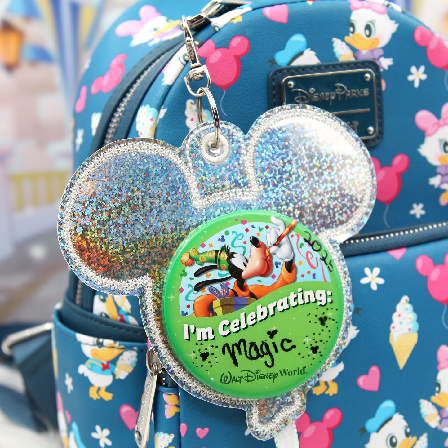 Holographic Glitter Balloon Celebration Button Holder Keychain - Mouse Backer Keychain for 3” Celebration Buttons - Embroidered Badge Holder - Backpack Charm - Theme Park Accessory
