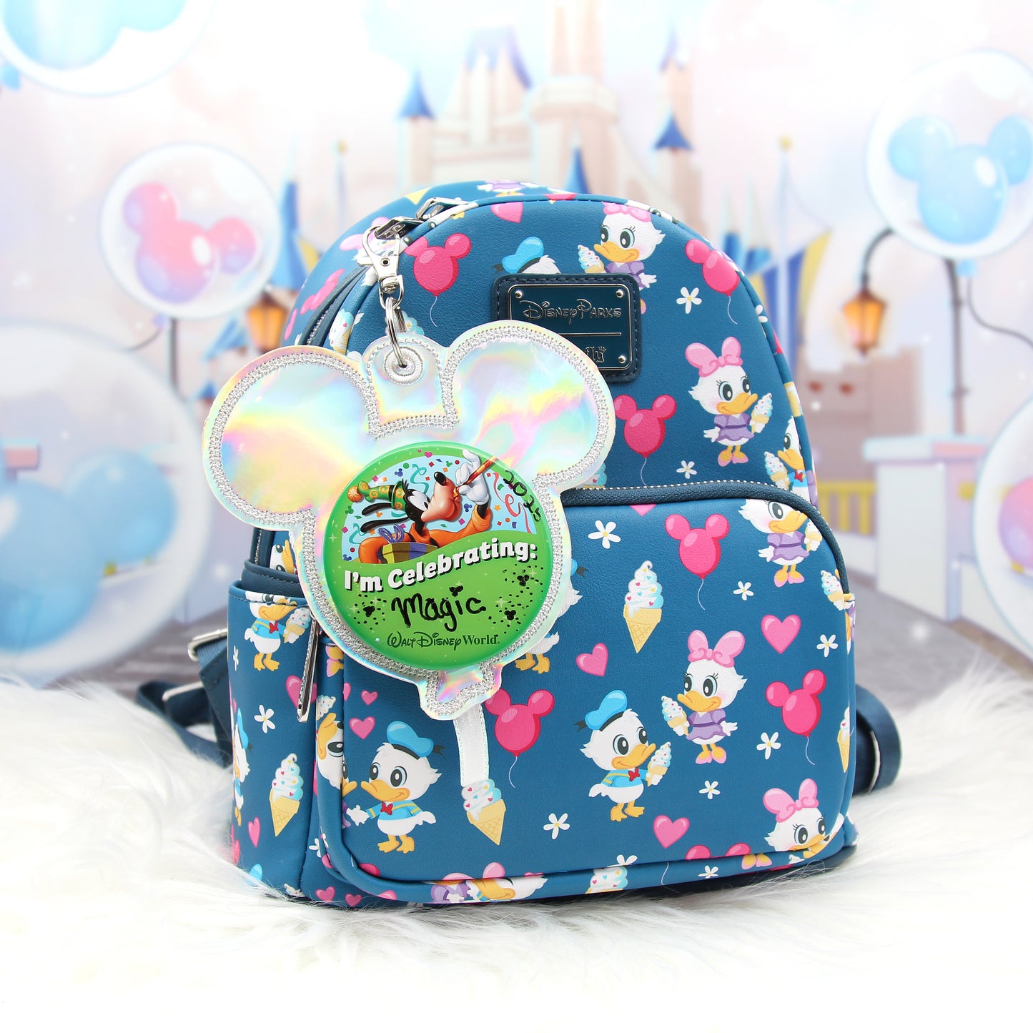 Holographic Balloon Celebration Button Holder Keychain - Mouse Backer Keychain for 3” Celebration Buttons - Embroidered Badge Holder - Backpack Charm - Theme Park Accessory