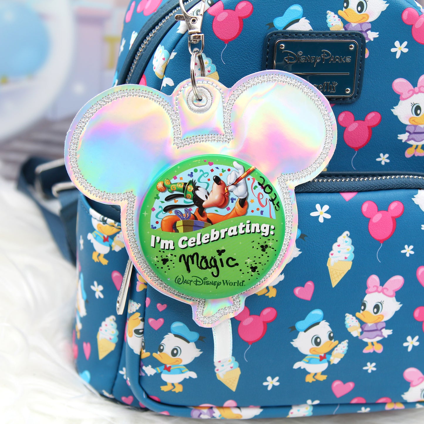Holographic Balloon Celebration Button Holder Keychain - Mouse Backer Keychain for 3” Celebration Buttons - Embroidered Badge Holder - Backpack Charm - Theme Park Accessory