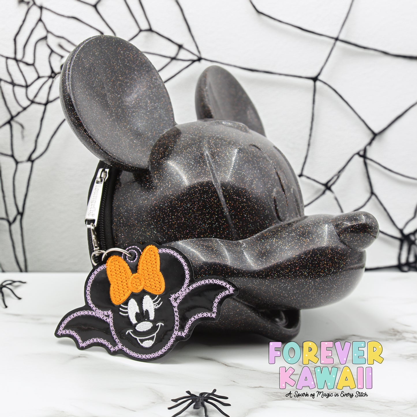 Shiny Black Bat Girl Mouse Bag Charm – Halloween Vinyl Keychain with Lavender Stitching (Copy)