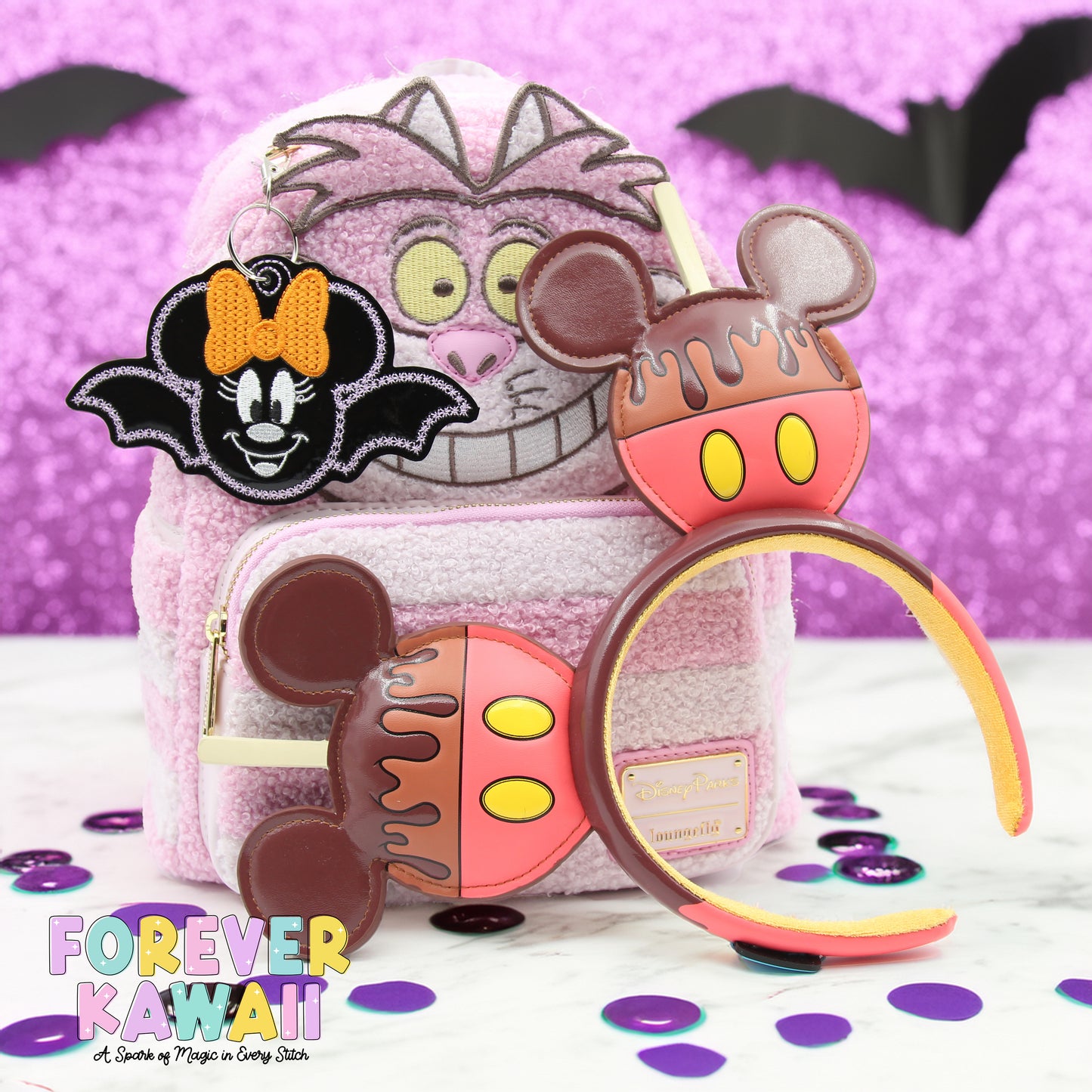 Shiny Black Bat Girl Mouse Bag Charm – Halloween Vinyl Keychain with Lavender Stitching (Copy)