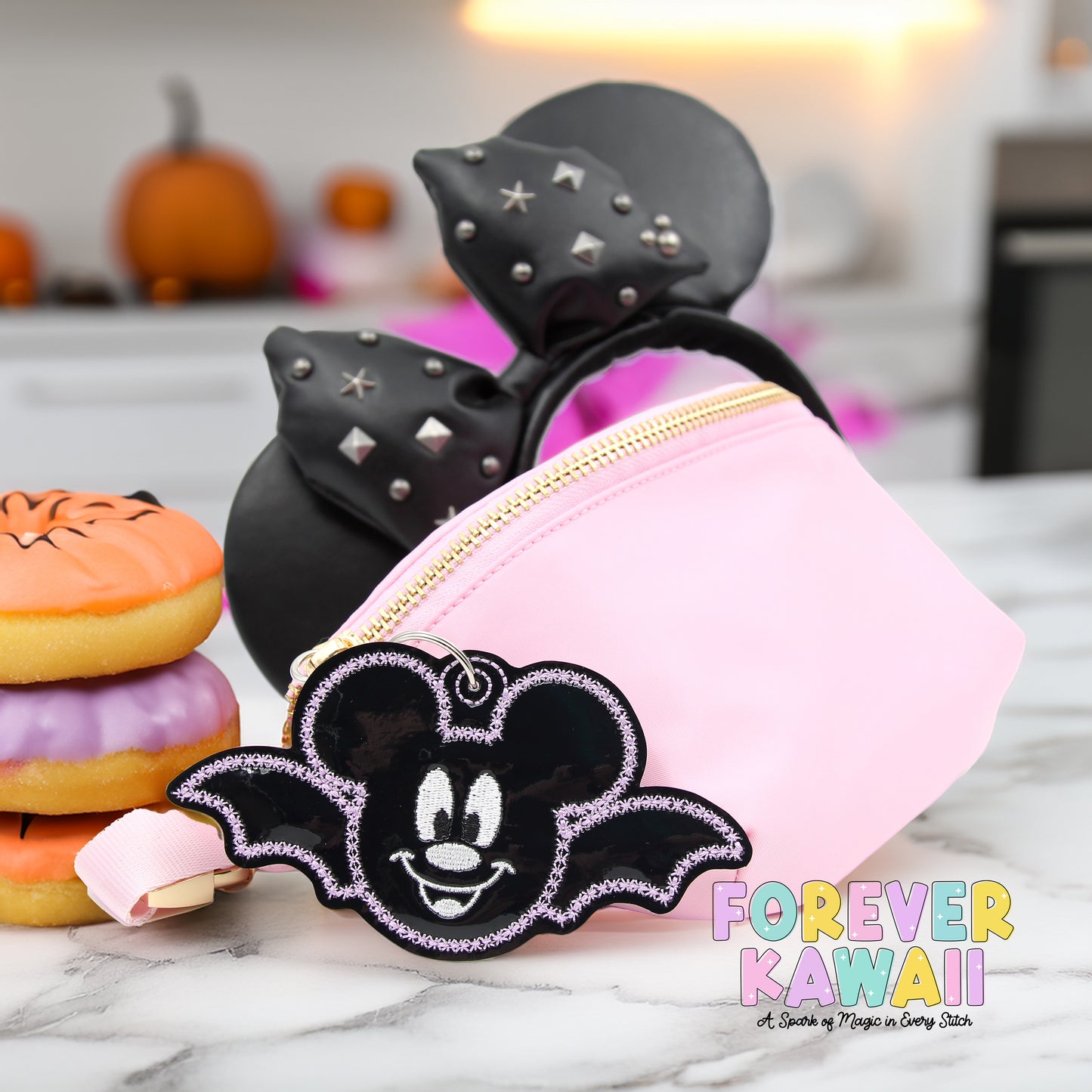 Shiny Black Bat Mouse Bag Charm – Halloween Vinyl Keychain with Lavender Stitching