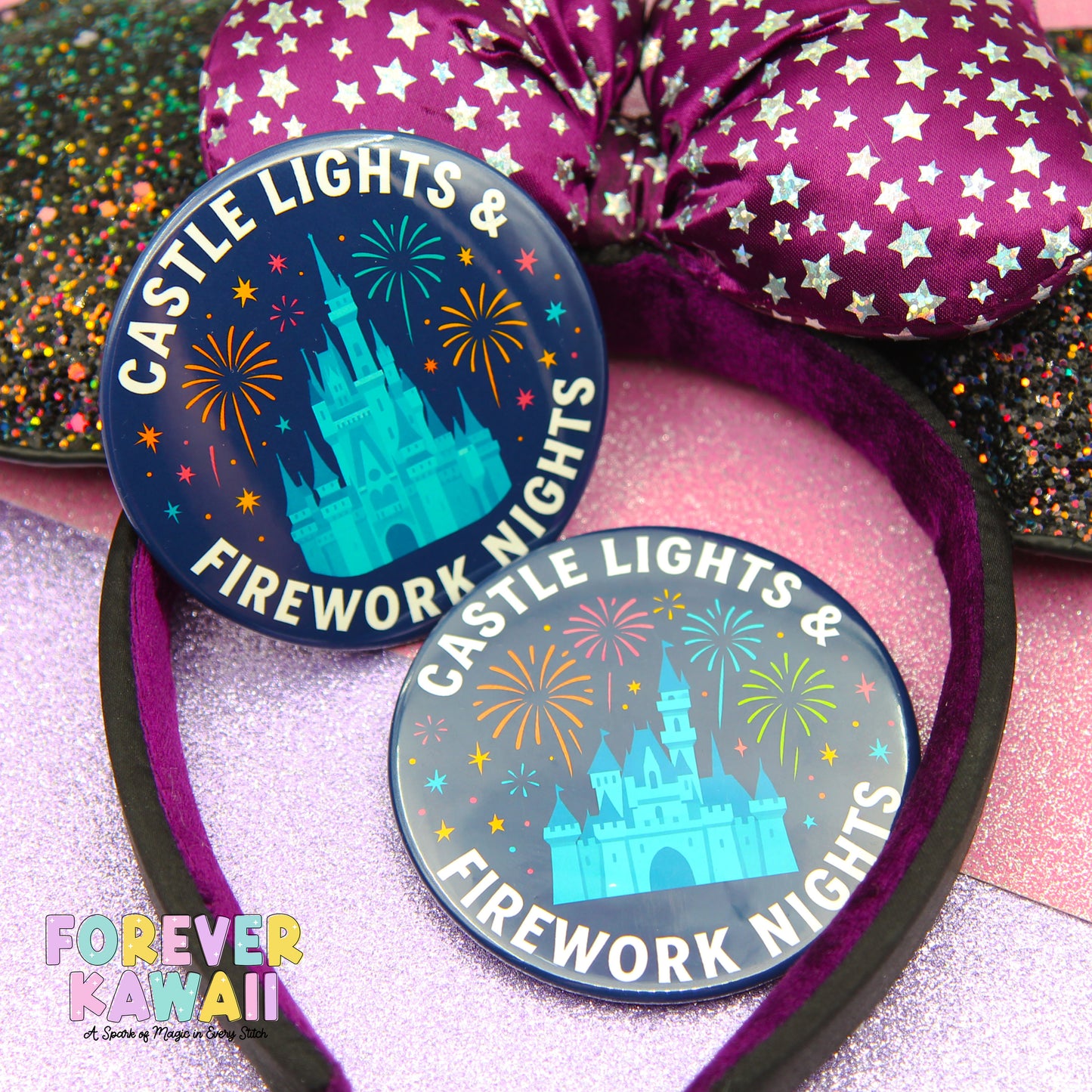 two circular badges with the text "CASTELE LIGHTS & FIREWORK NIGHTS" and a castle illustration, along with a purple bow and sparkly background.