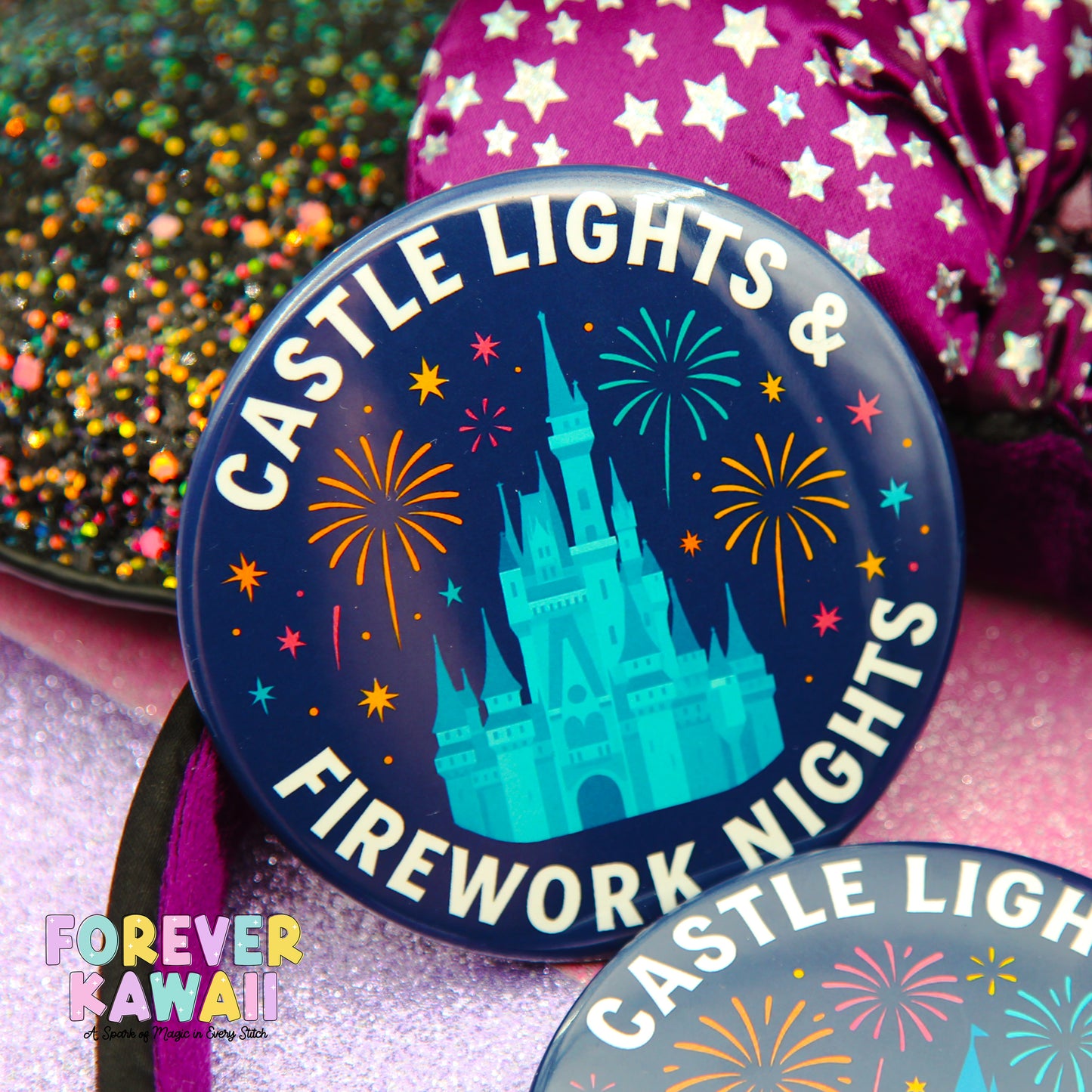 A circular button with the text "CASTLE LIGHTS & FIREWORK NIGHTS" and a castle illustration, surrounded by colorful fireworks.