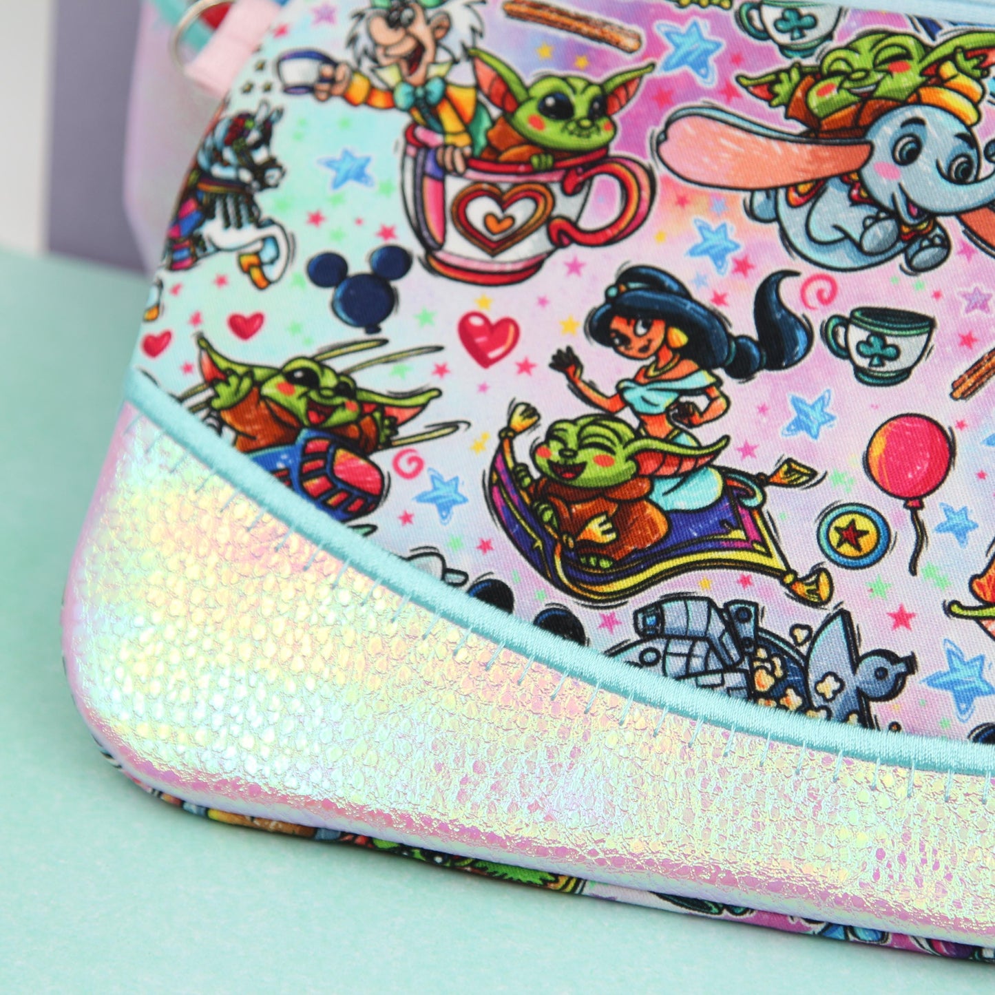 Baby Grogu Rides Pink Iridescent Pixie Clutch, Handmade Zipper Bag, Star Wars-Inspired, Phone Clutch Bag, Travel Makeup Organizer
