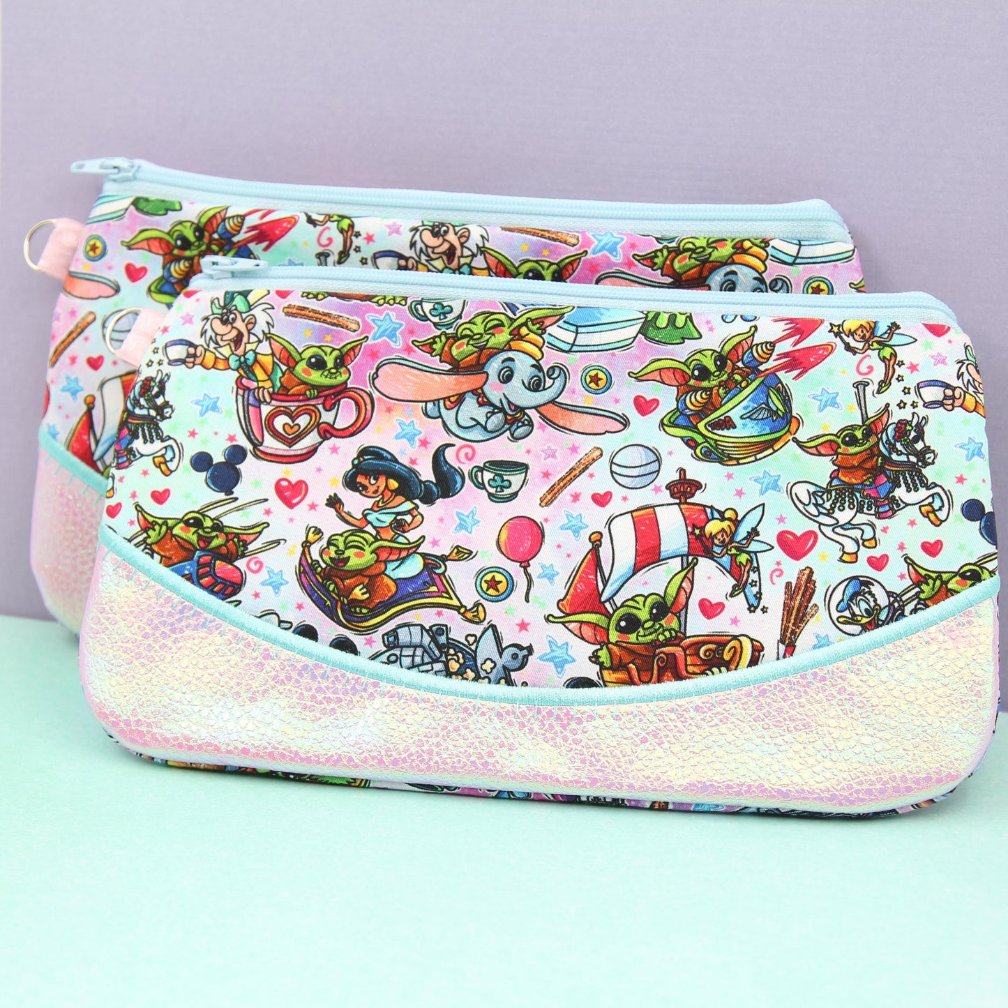 Baby Grogu Rides Pink Iridescent Pixie Clutch, Handmade Zipper Bag, Star Wars-Inspired, Phone Clutch Bag, Travel Makeup Organizer