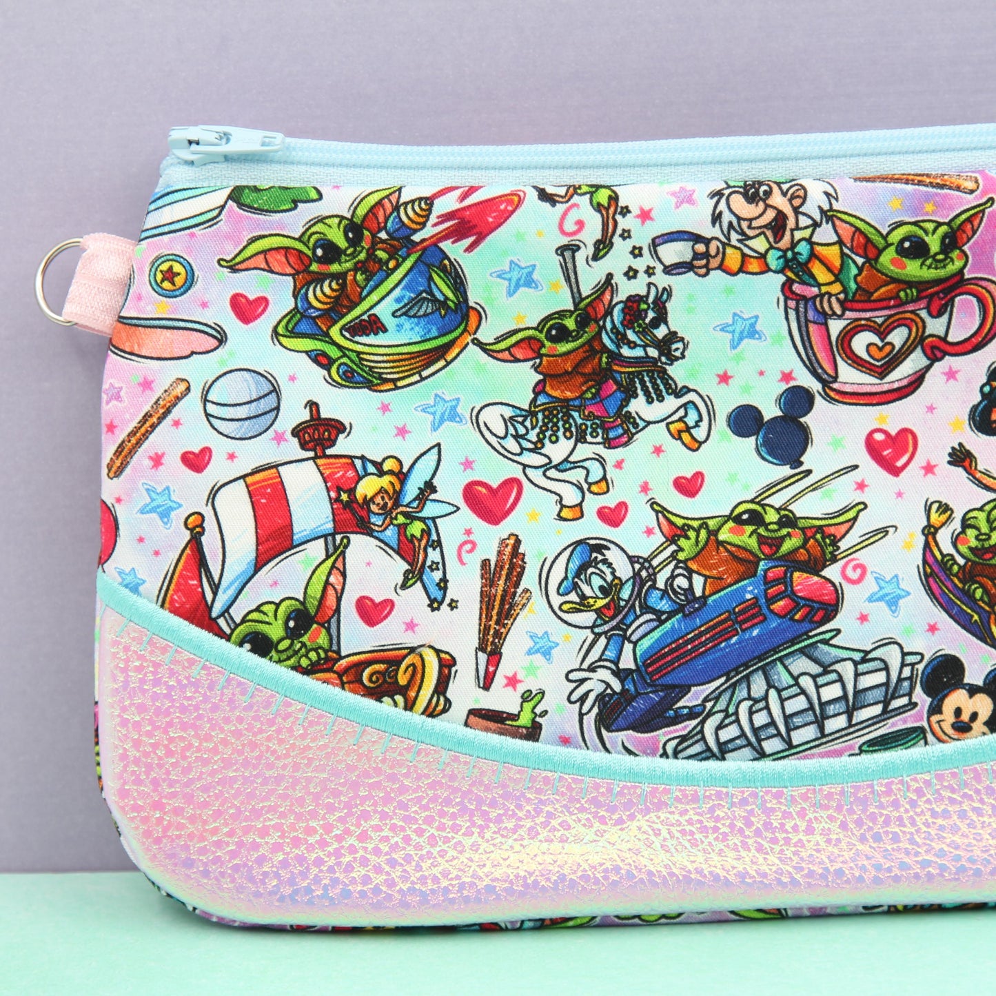 Baby Grogu Rides Pink Iridescent Pixie Clutch, Handmade Zipper Bag, Star Wars-Inspired, Phone Clutch Bag, Travel Makeup Organizer