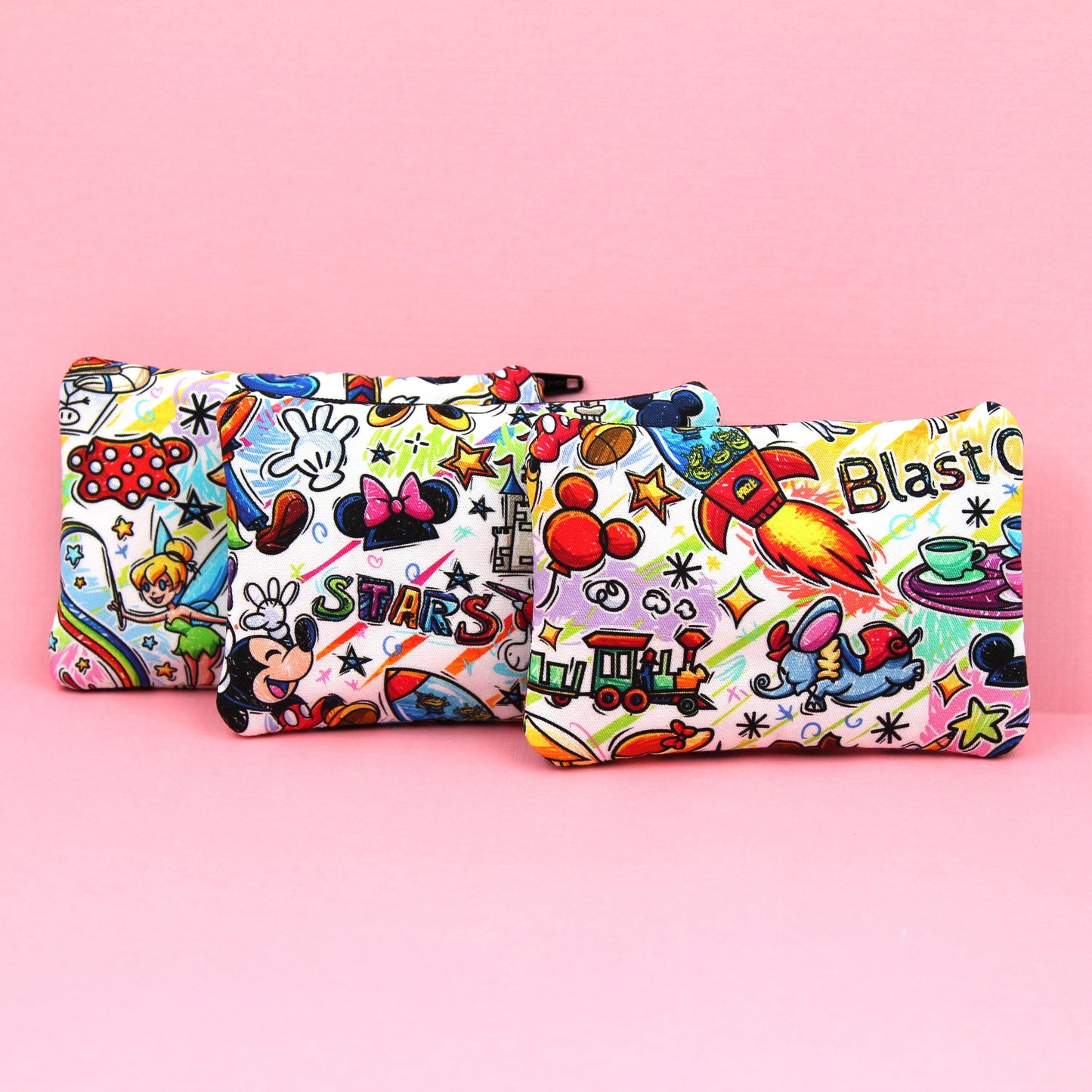 Handmade zipper pouch featuring an art-inspired design with colorful characters and paint details, perfect for holding coins, cards, and other small essentials. Ideal for theme park visits or as a creative gift for art lovers.